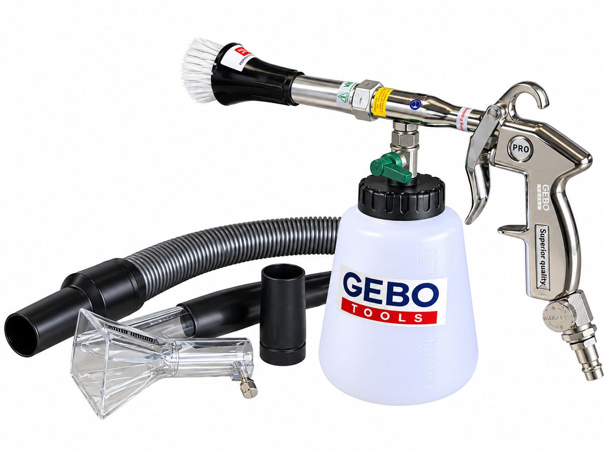 Kit pistola per soffiaggio a secco, pulizia, lavaggio interno auto ad aria compressa Tornador,con adattatore vacuum, serbatoio da 1 litro , Gebo Tools