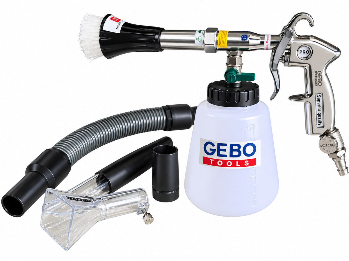 Kit pistola per soffiaggio a secco, pulizia, lavaggio interno auto ad aria compressa Tornador,con adattatore vacuum, serbatoio da 1 litro , Gebo Tools
