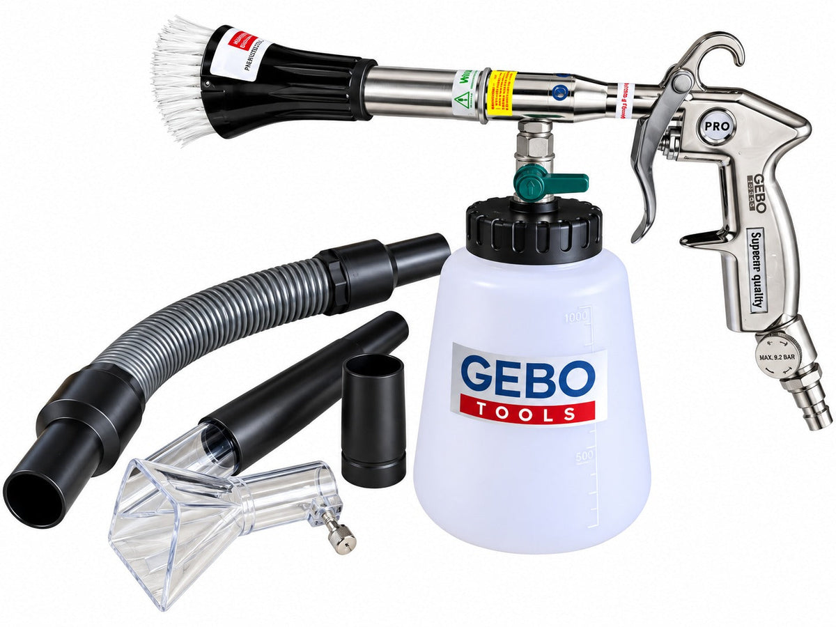 Kit pistola per soffiaggio a secco, pulizia, lavaggio interno auto ad aria compressa Tornador,con adattatore vacuum, serbatoio da 1 litro , Gebo Tools