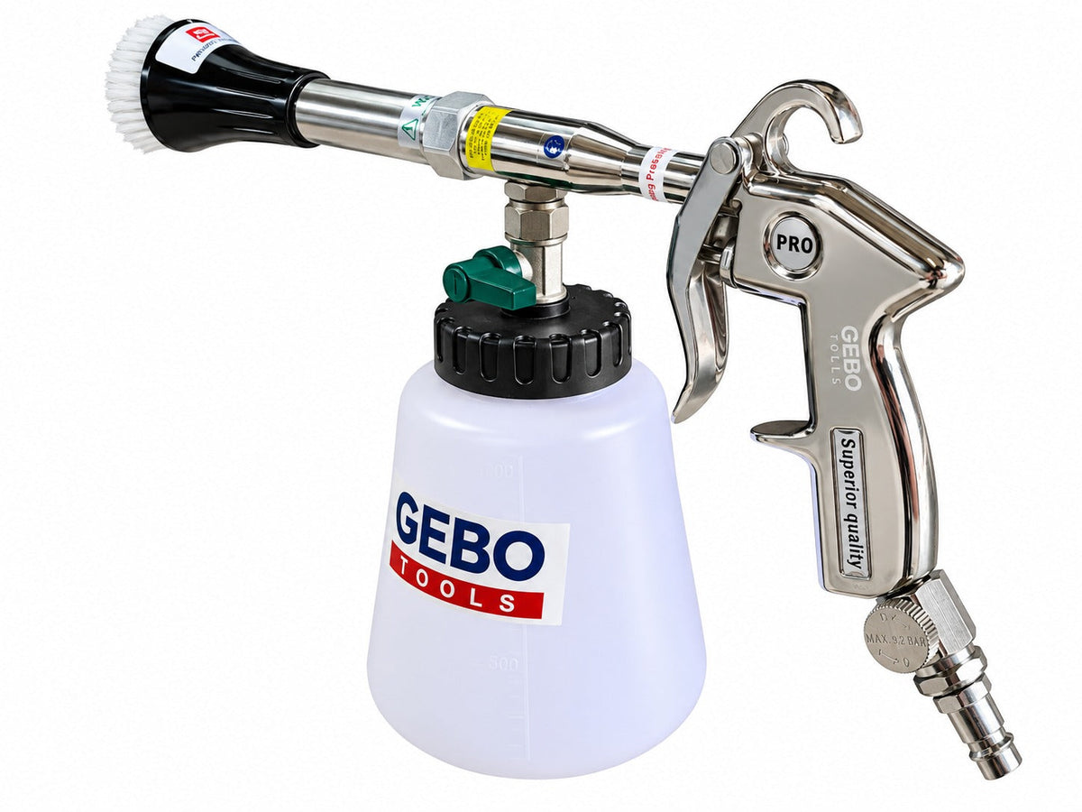 Kit pistola per soffiaggio a secco, pulizia, lavaggio interno auto ad aria compressa Tornador,con adattatore vacuum, serbatoio da 1 litro , Gebo Tools