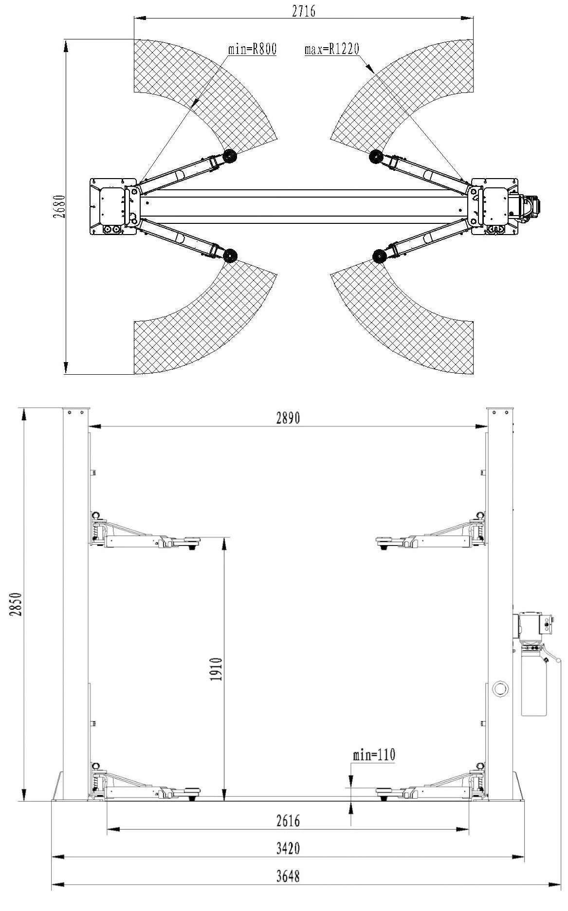 Ponte sollevatore auto a 2 colonne, portata 4200 kg, 380v, idraulico, sblocco manuale elettroidraulico, Redats