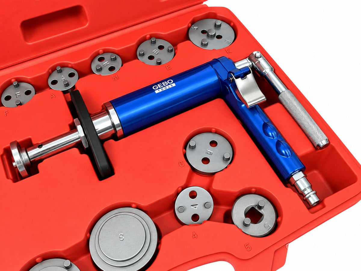 Set-kit pressa pneumatica per pistoncini delle pinze freno, divaricatore per pastiglie dei freni per auto, strumenti per la retrazione del pistone 16 pezzi Gebo Tools