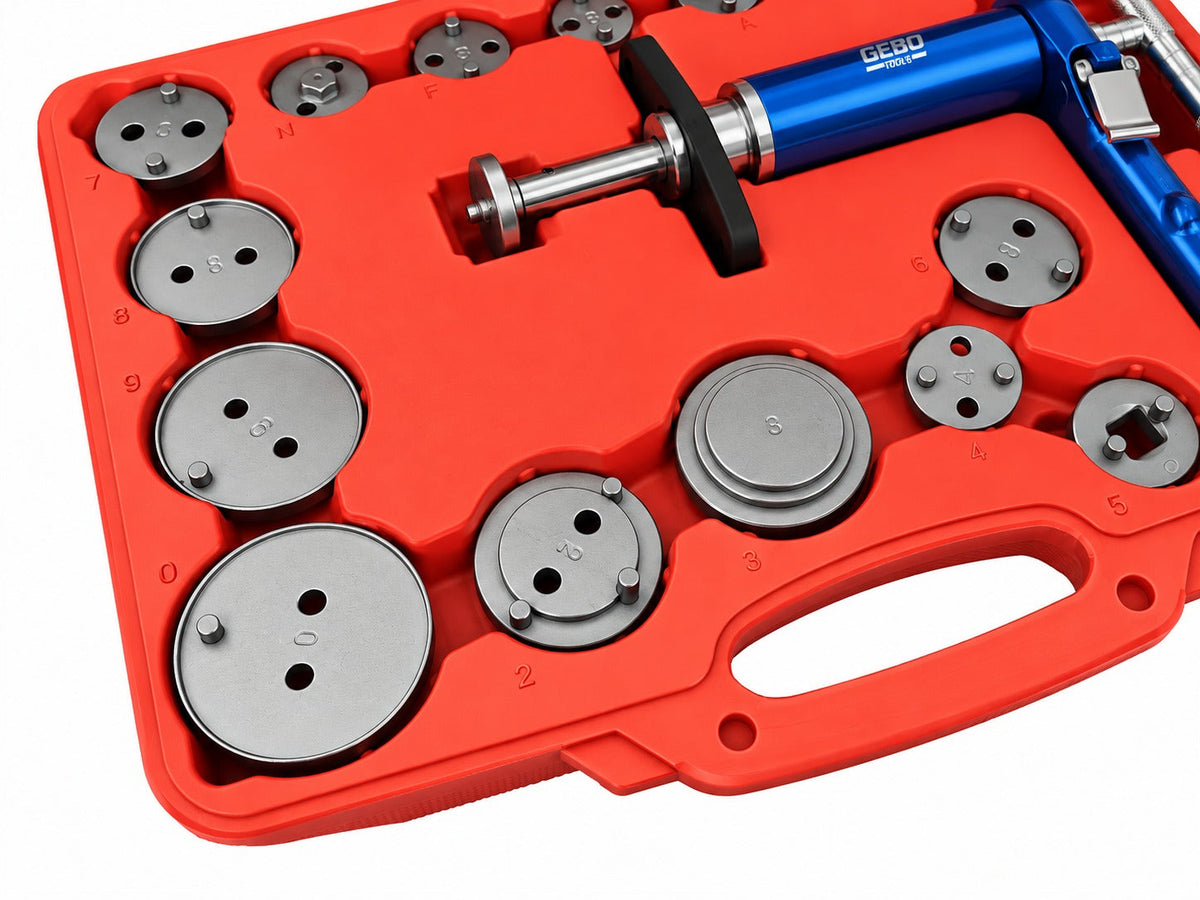 Set-kit pressa pneumatica per pistoncini delle pinze freno, divaricatore per pastiglie dei freni per auto, strumenti per la retrazione del pistone 16 pezzi Gebo Tools