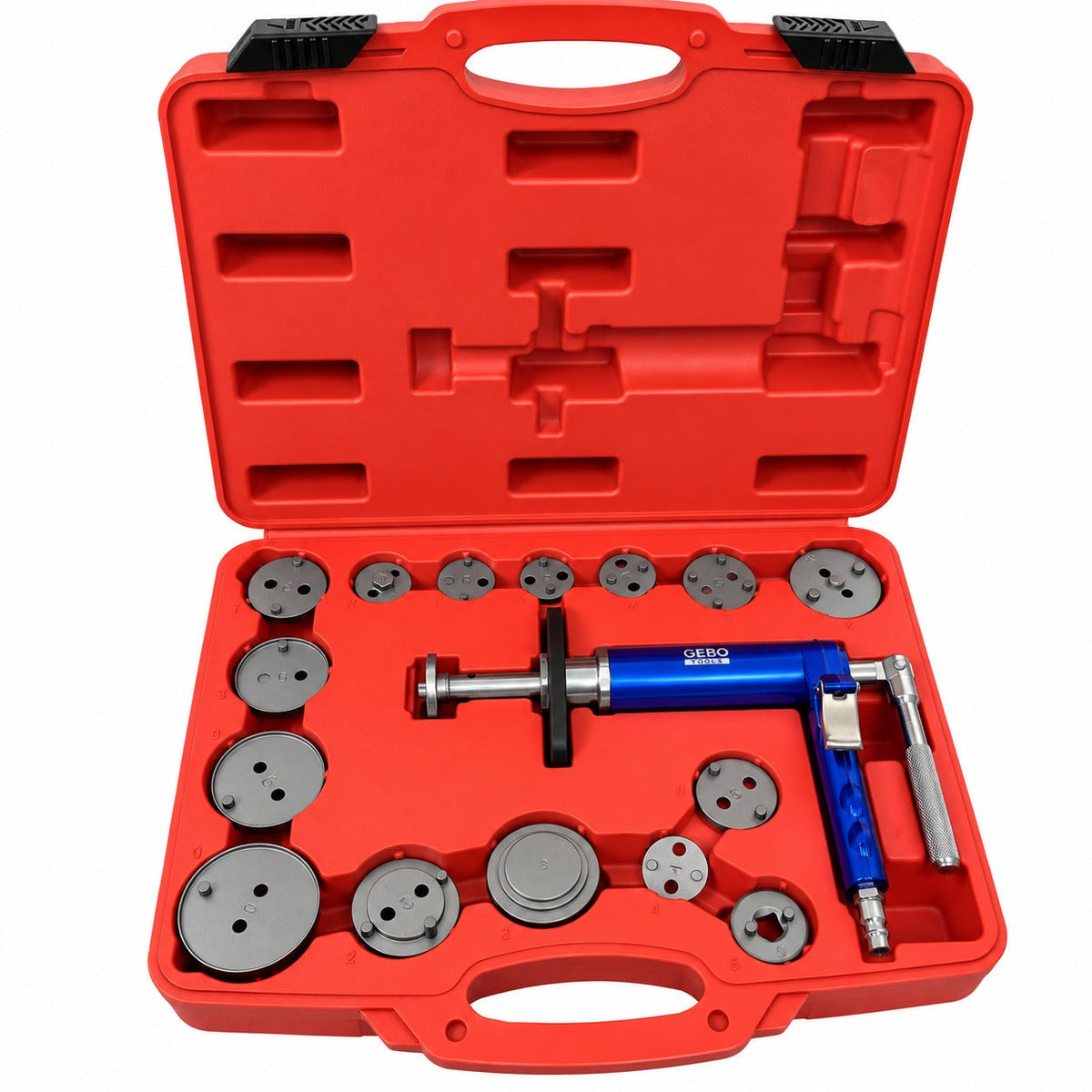 Set-kit pressa pneumatica per pistoncini delle pinze freno, divaricatore per pastiglie dei freni per auto, strumenti per la retrazione del pistone 16 pezzi Gebo Tools