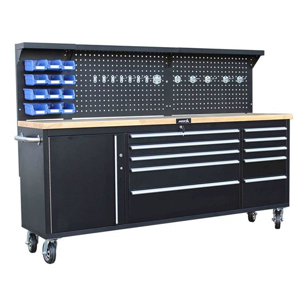 Banco da lavoro mobile con piano in legno 214 cm con 11 cassetti e 3 pannelli a parete porta utensili per officina falegname fai-da-te