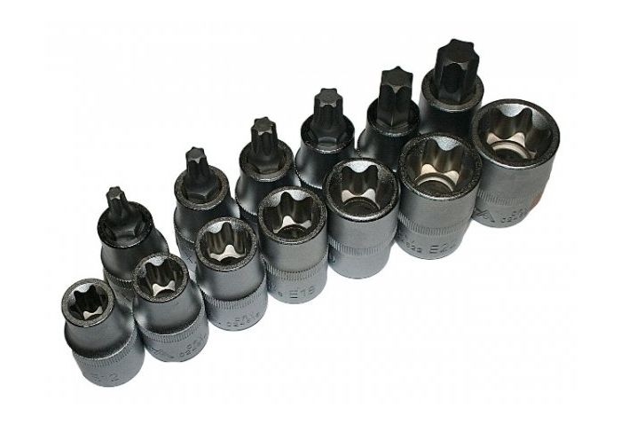 Serie di bussole con inserti, attacco quadro (1/2"), impronta Torx, 23 pz., Cr-V, kit inserti e boccole