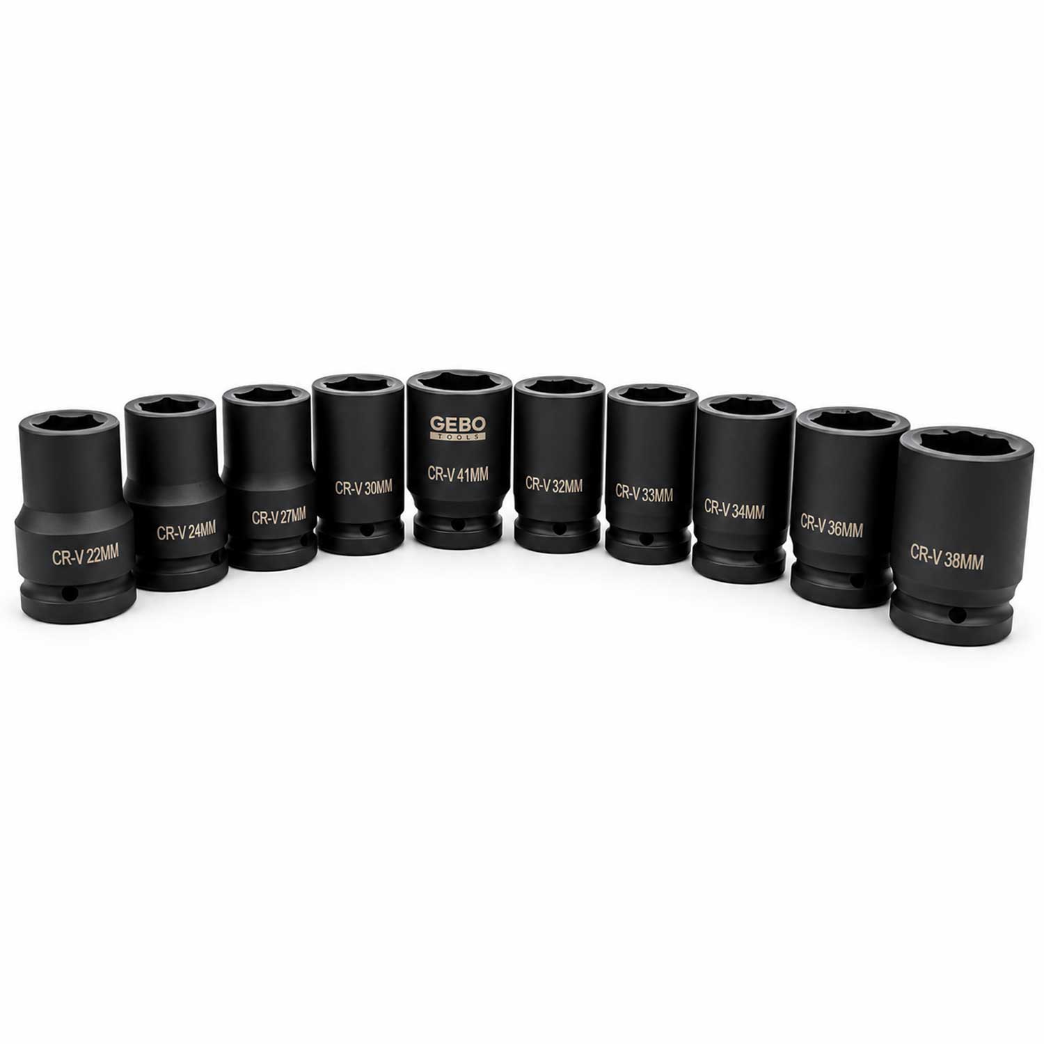 Set-kit bussole a impatto lunghe, 1", 22-41 mm, per riparazioni auto e cambio gomme,10 pezzi Gebo Tools