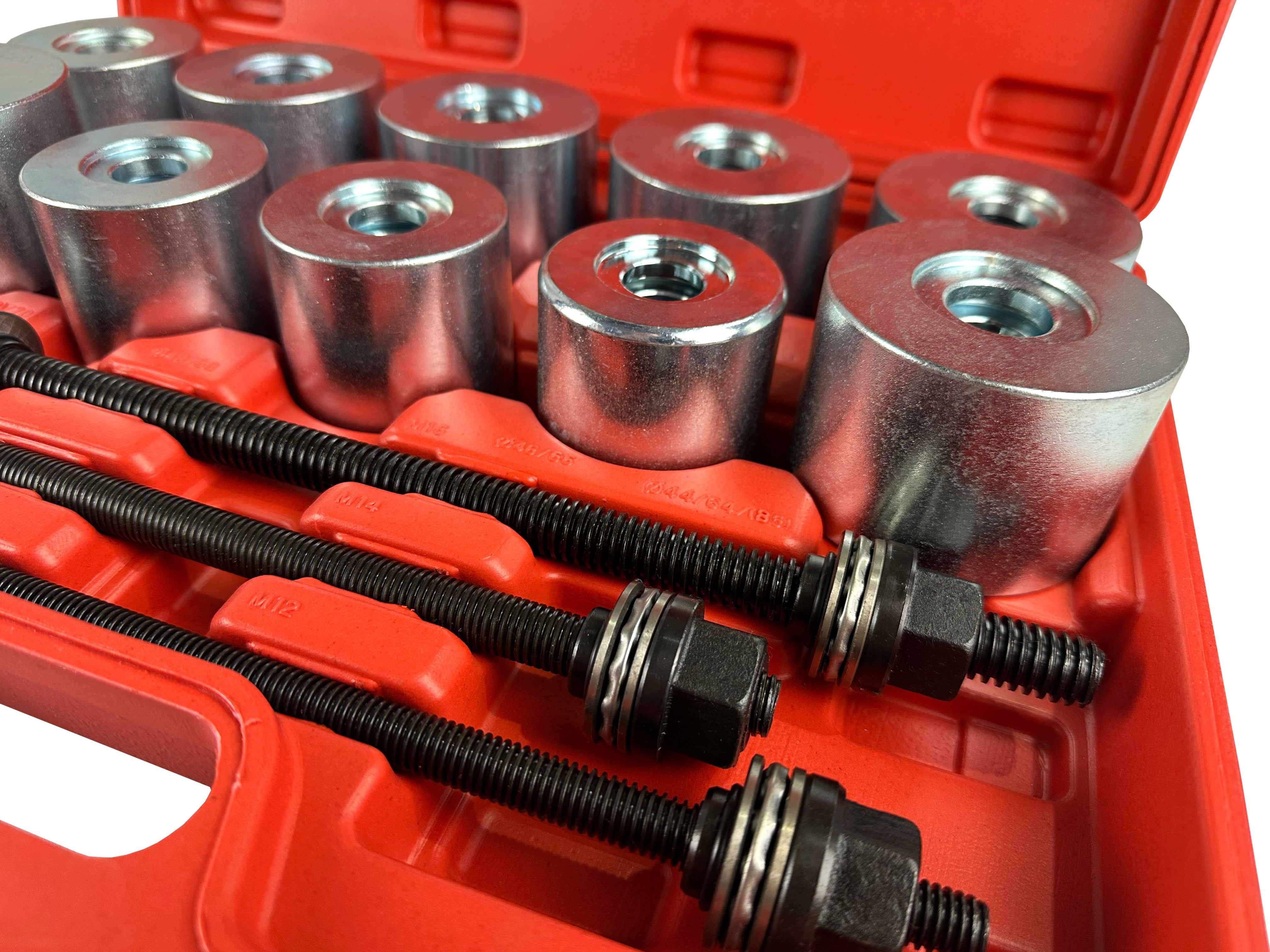 Set-kit estrattore silent block auto, 34–90 mm con manicotti universali per rimozione sicura di cuscinetti e boccole Gebo Tools