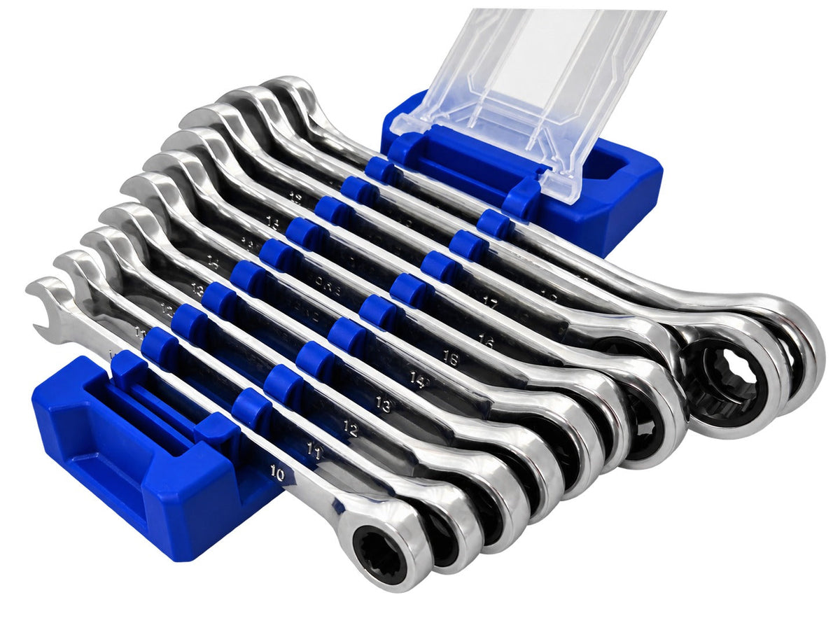 Serie di chiavi combinate a cricchetto extra corte, 10 - 19 mm, in acciaio Cr-V, 10 pezzi Gebo Tools