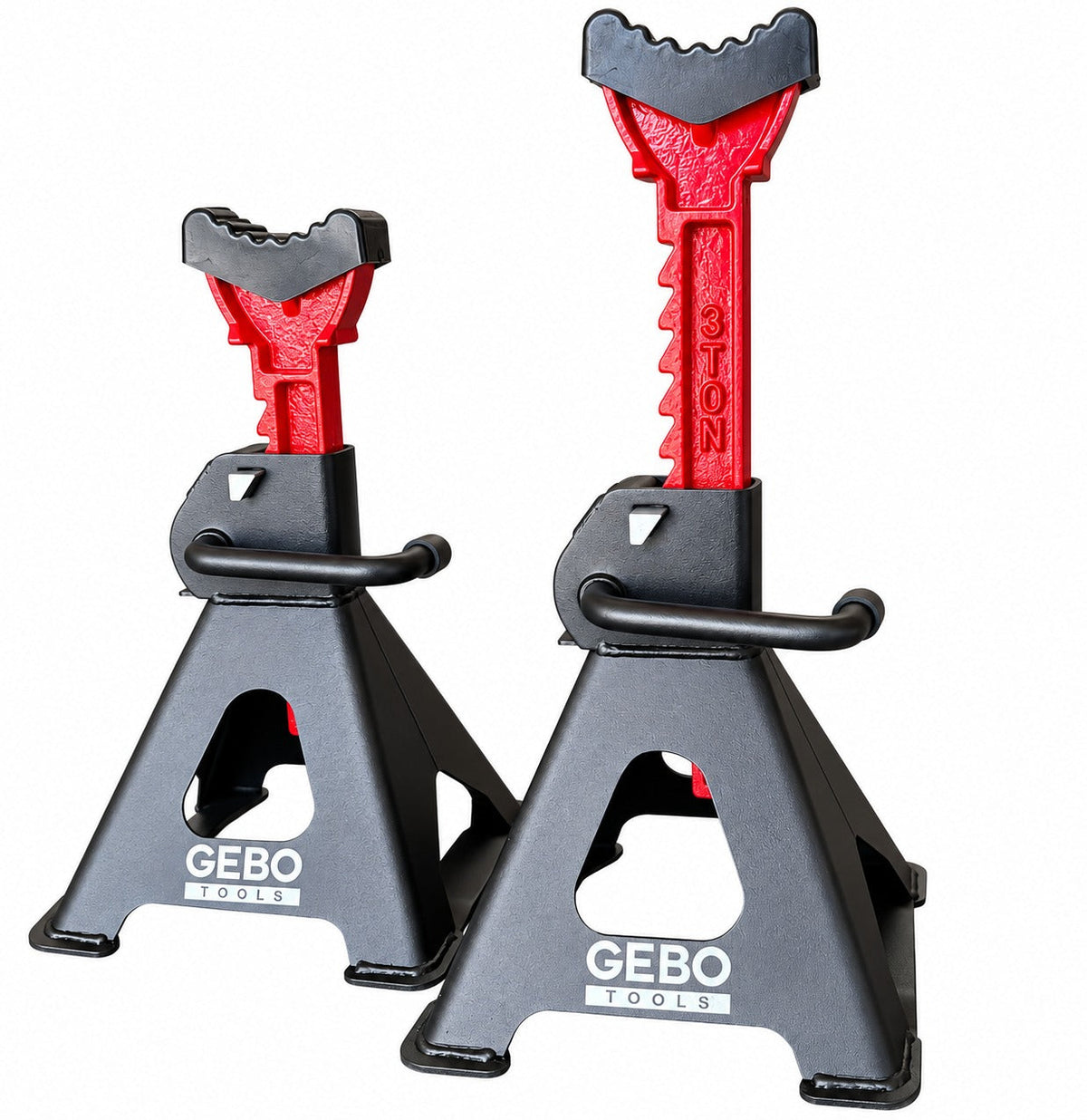 Set-kit 2 cavalletti auto, per carrozzeria, capacità 3 t, altezza regolabile, supporti per assale con leva di sicurezza, da sostegno per officina, fai da te, domestico, garage, moto, 9.5-43 cm Gebo Tools