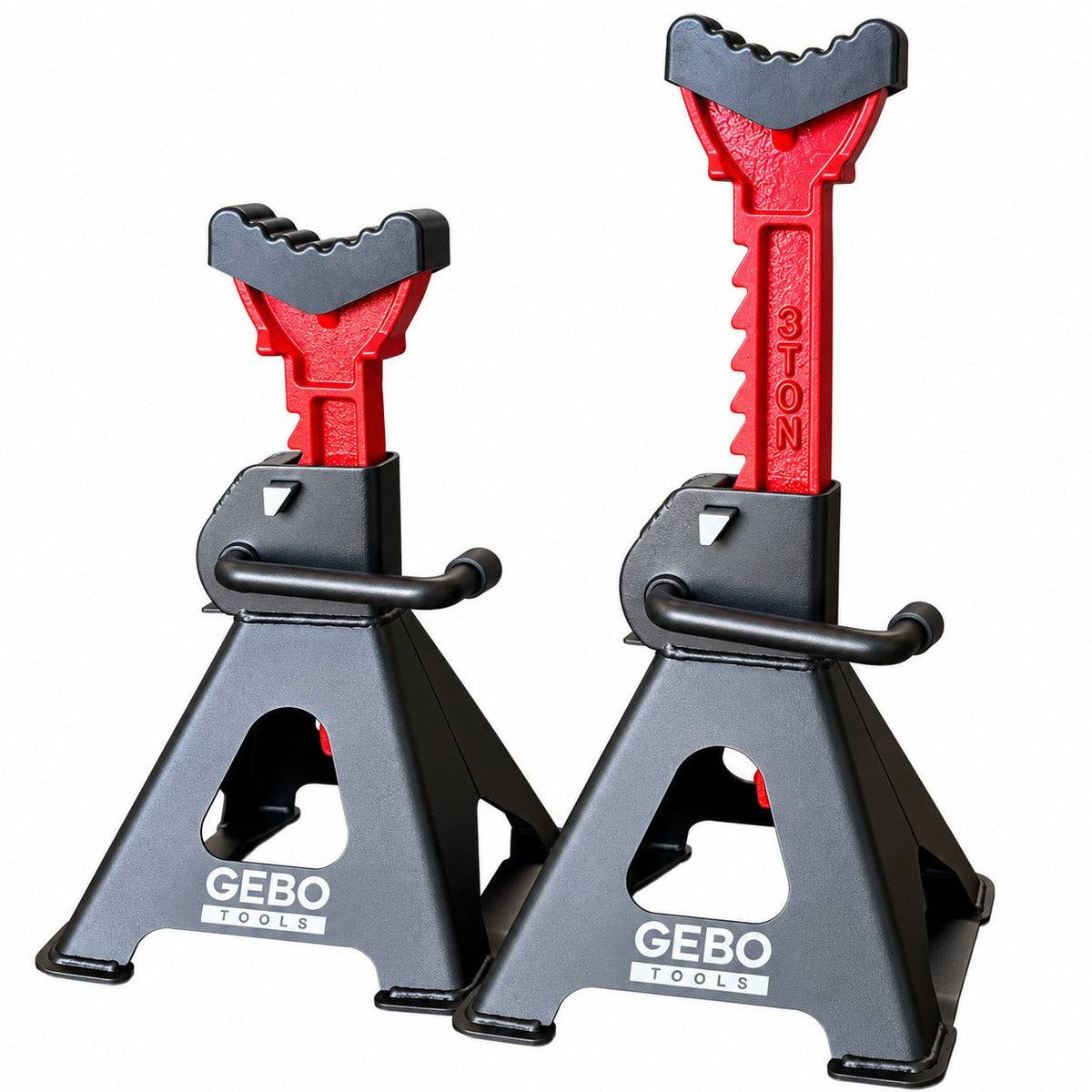 Set-kit 2 cavalletti auto, per carrozzeria, capacità 3 t, altezza regolabile, supporti per assale con leva di sicurezza, da sostegno per officina, fai da te, domestico, garage, moto, 9.5-43 cm Gebo Tools