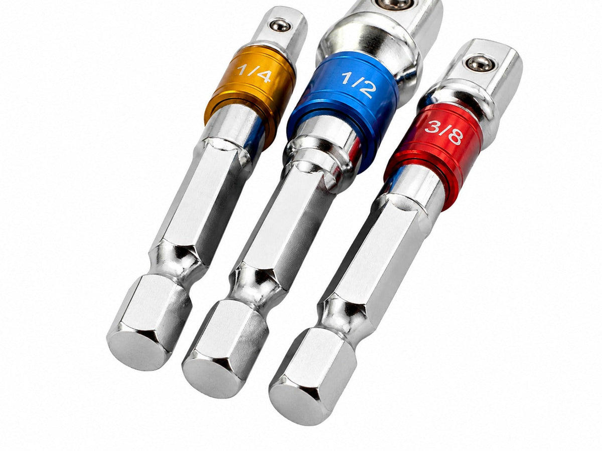 Kit-set 3 adattatori trapano esagonale, adattatore presa per 1/4", 3/8", 1/2", Gebo Tools