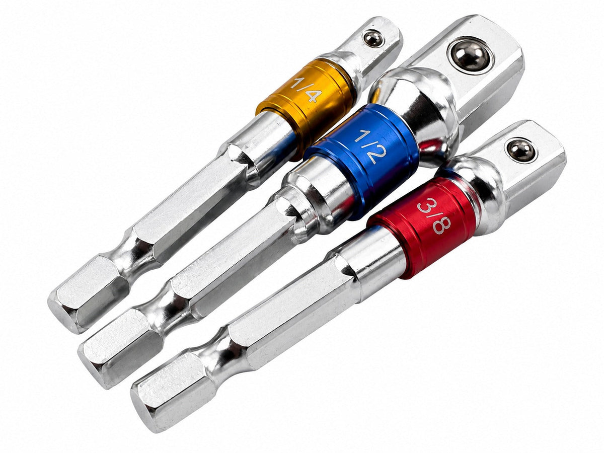 Kit-set 3 adattatori trapano esagonale, adattatore presa per 1/4", 3/8", 1/2", Gebo Tools