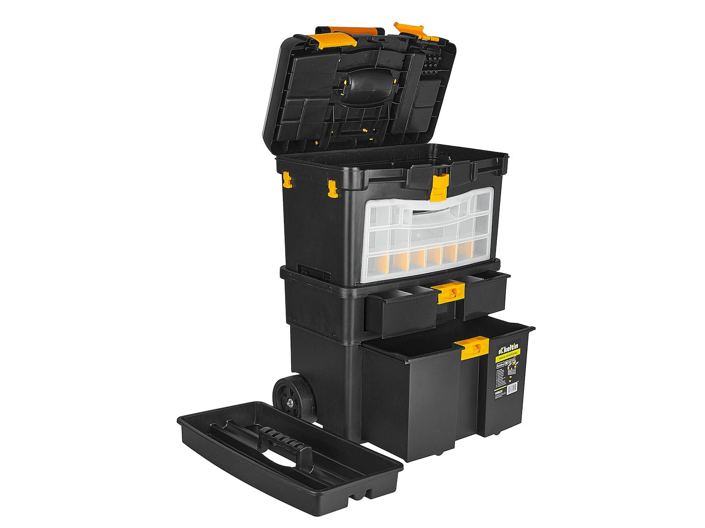 Set 3 cassette portattrezzi ,organizer 46 x 26 x 62 cm,con ruote e manico telescopico, nero/giallo, Keltin