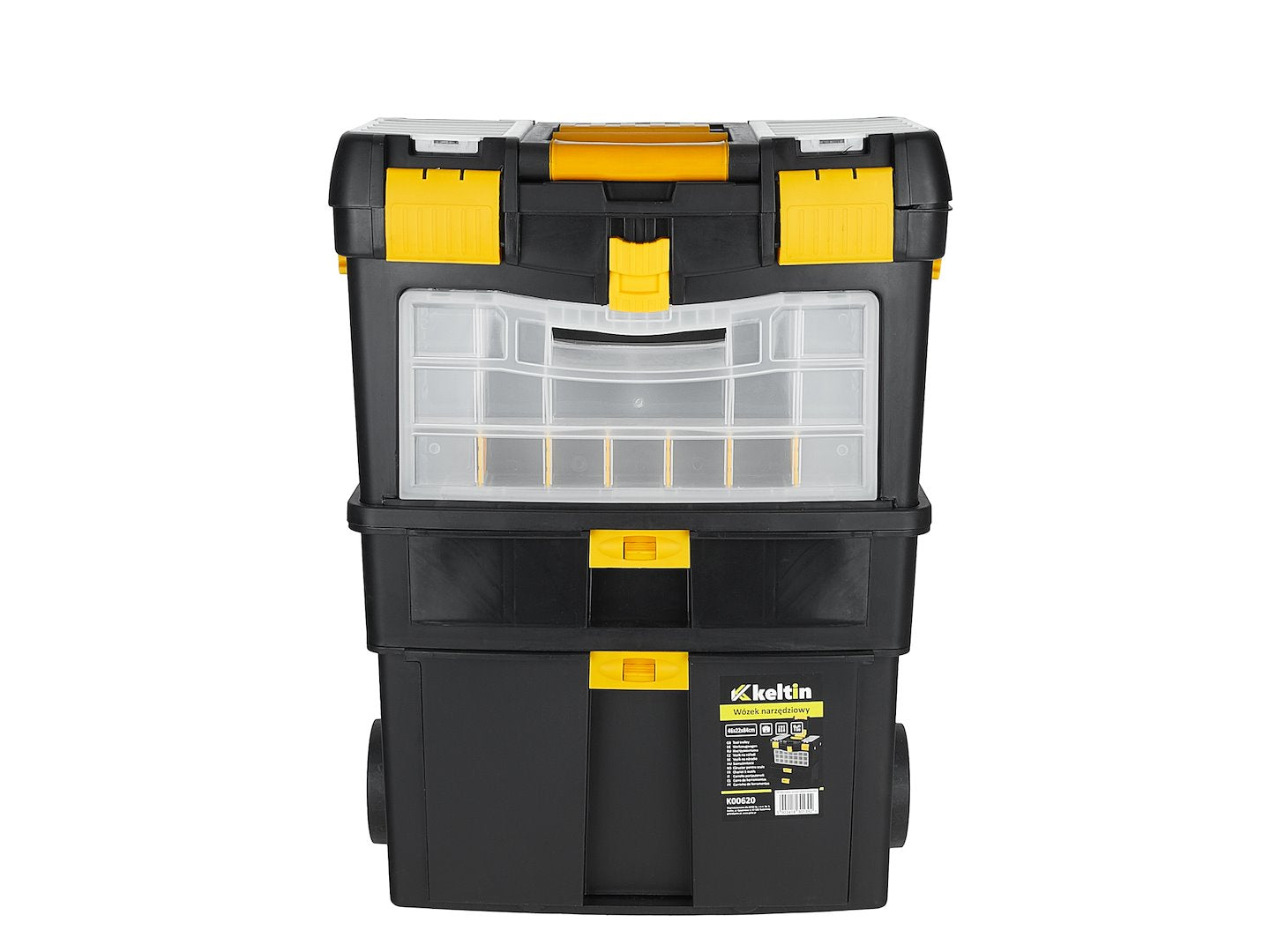 Set 3 cassette portattrezzi ,organizer 46 x 26 x 62 cm,con ruote e manico telescopico, nero/giallo, Keltin