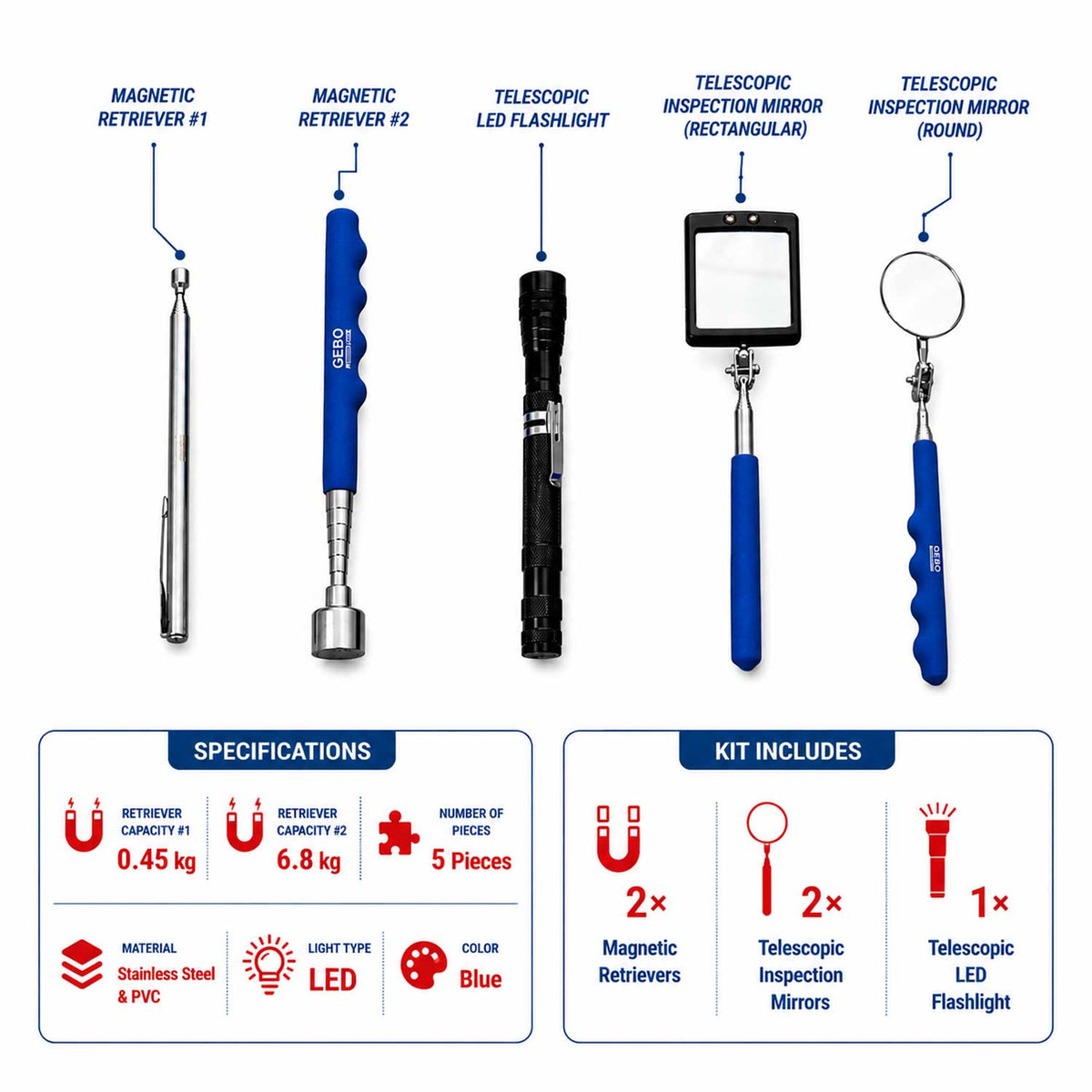 Set-kit 5 attrezzi ispezione e recupero oggetti auto, specchio telescopico, con luce LED, manico per angolo visione extra, magnetico pickup Gebo Tools