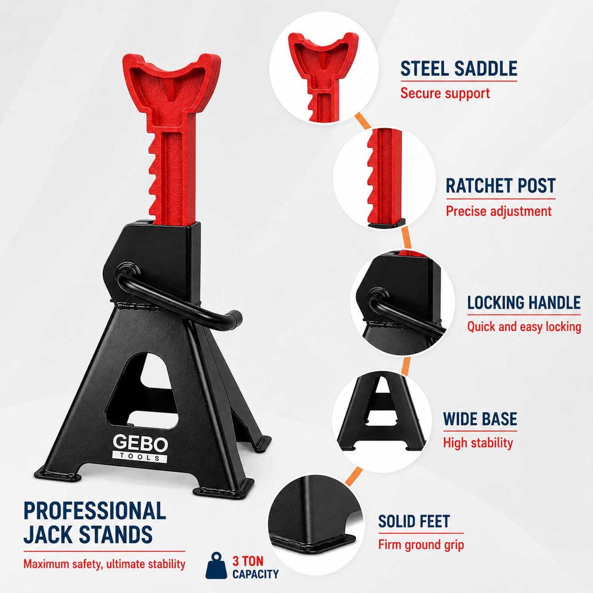 Set-kit di 2 cavalletti di sostegno per veicoli, capacità 3 tonnellate, supporto 29–43 cm, colonnette professionali Gebo Tools
