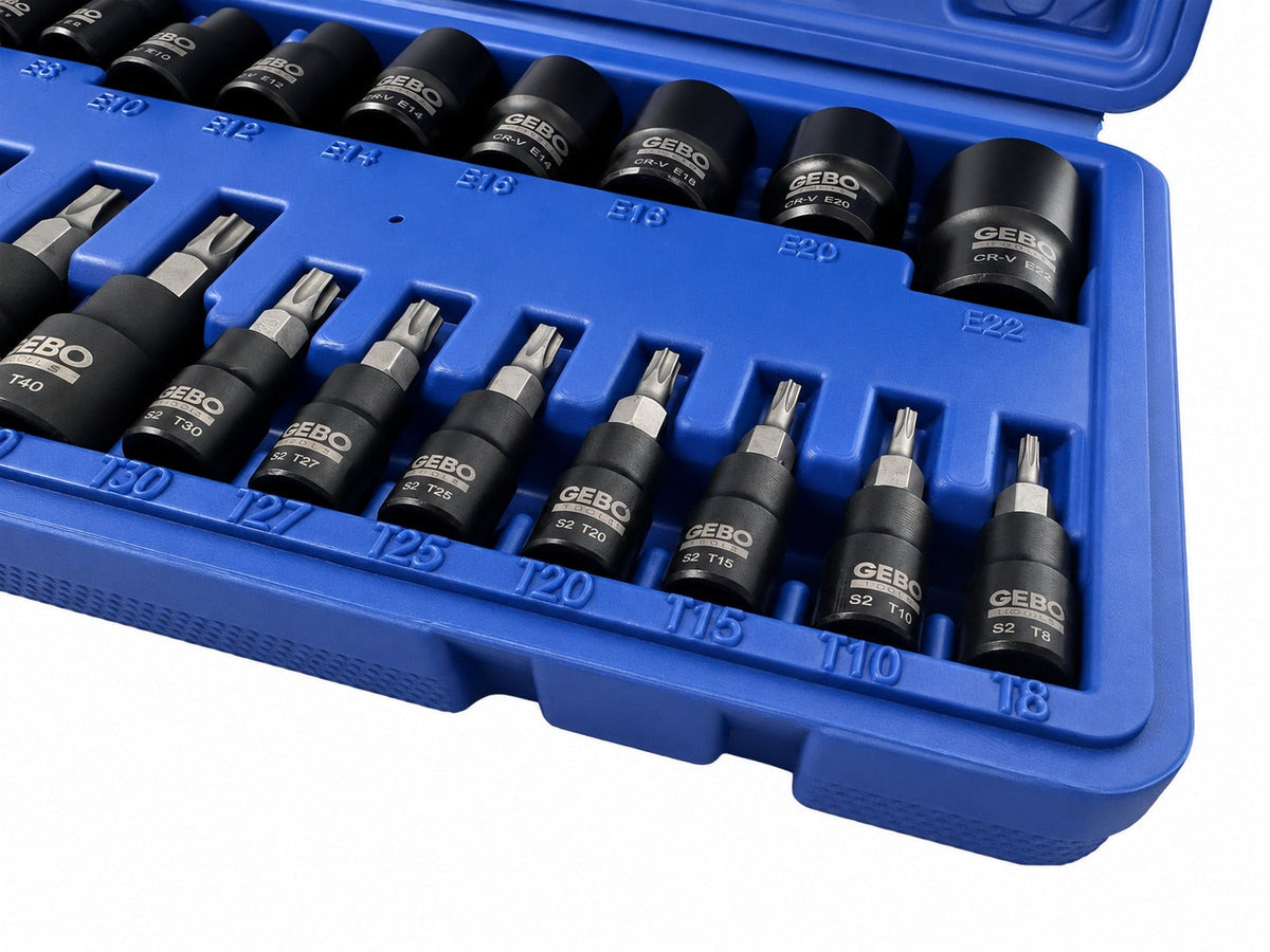 Set-kit chiavi a bussola TORX T8–T60 e profilo E E4–E20, 25 pezzi