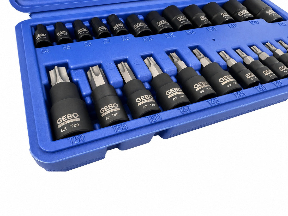 Set-kit chiavi a bussola TORX T8–T60 e profilo E E4–E20, 25 pezzi
