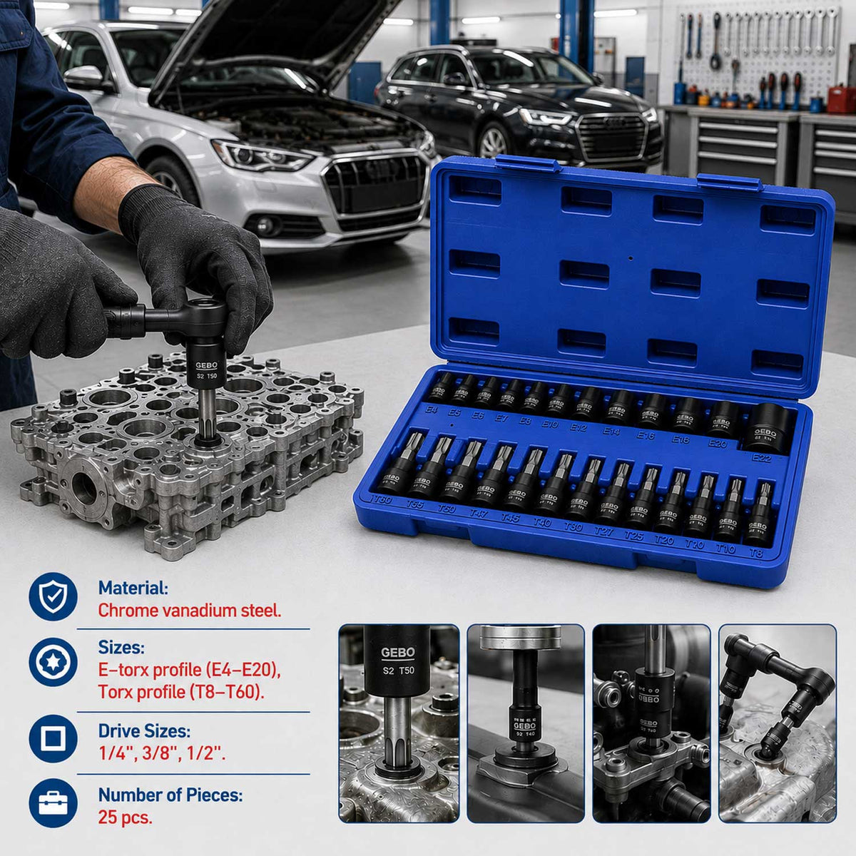 Set-kit chiavi a bussola TORX T8–T60 e profilo E E4–E20, 25 pezzi