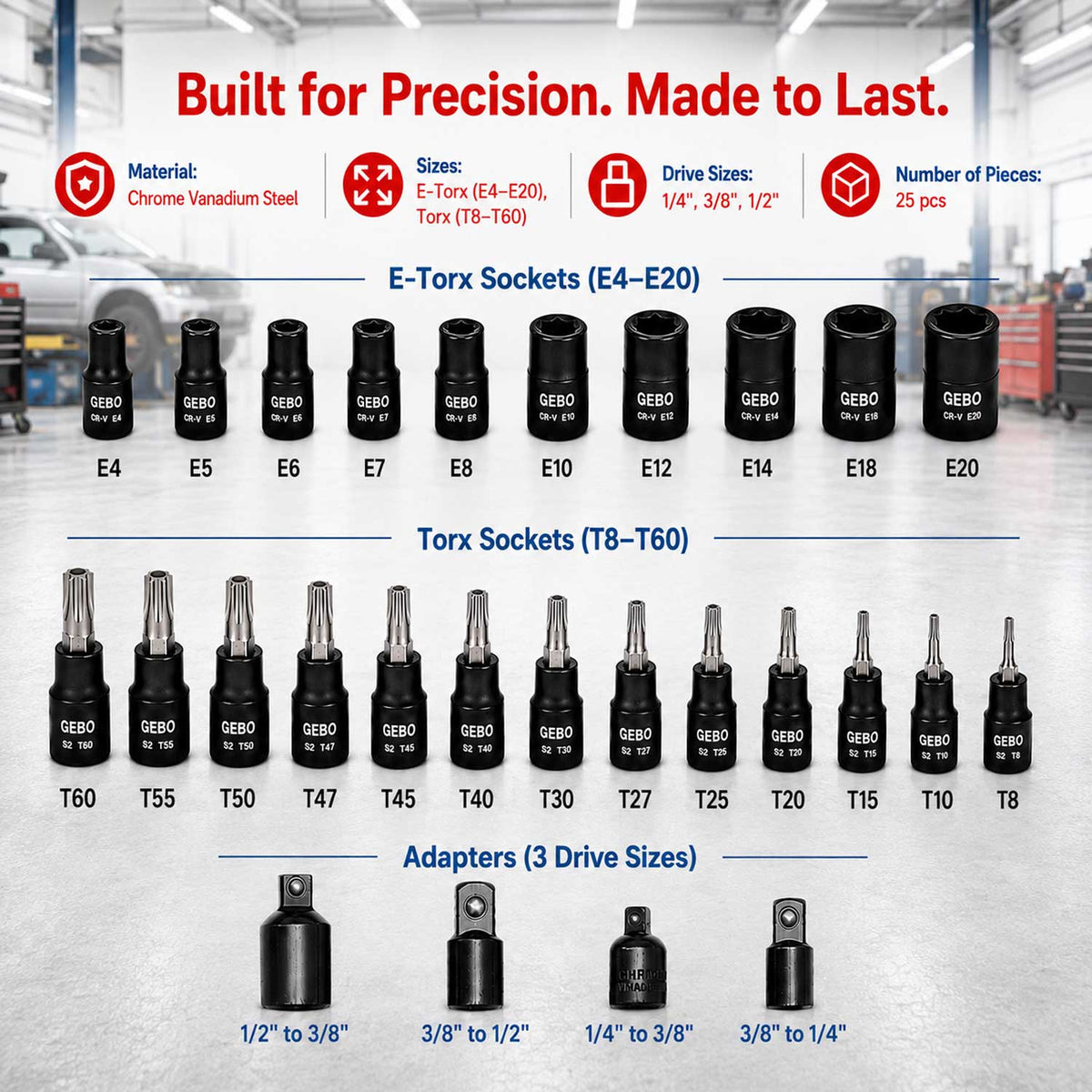 Set-kit chiavi a bussola TORX T8–T60 e profilo E E4–E20, 25 pezzi