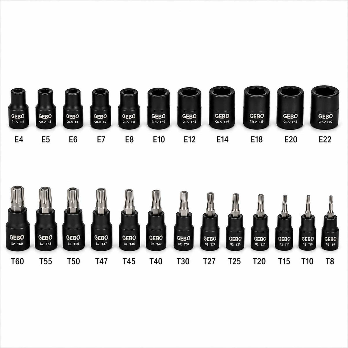 Set-kit chiavi a bussola TORX T8–T60 e profilo E E4–E20, 25 pezzi
