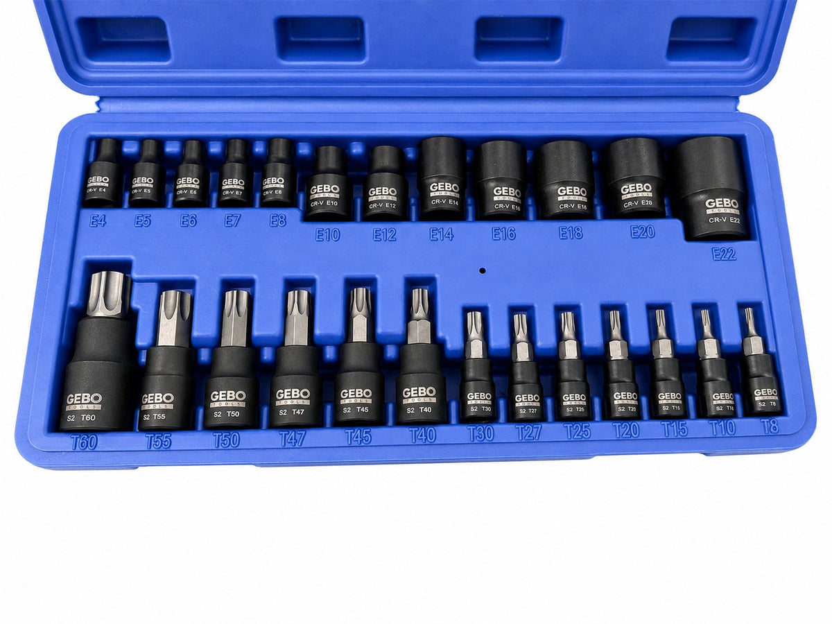 Set-kit chiavi a bussola TORX T8–T60 e profilo E E4–E20, 25 pezzi