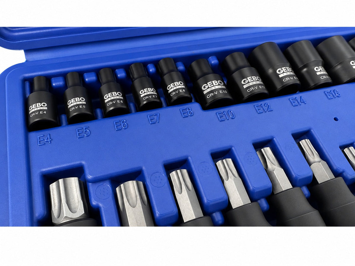 Set-kit chiavi a bussola TORX T8–T60 e profilo E E4–E20, 25 pezzi