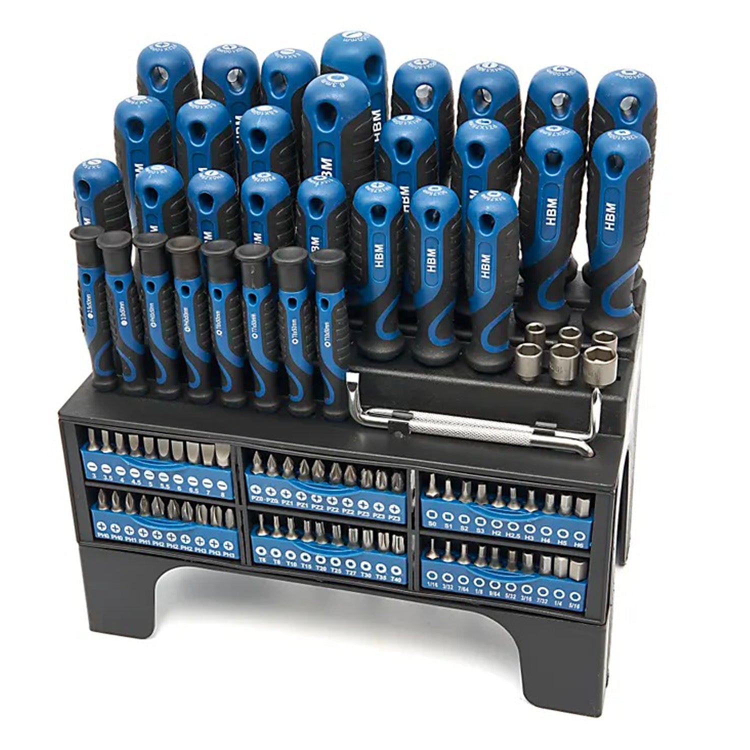 Set-kit da 100 pezzi: cacciaviti, inserti, chiavi a bussola, supporto a rack, acciaio Cr-V, impugnatura Soft Grip Hbm Olanda