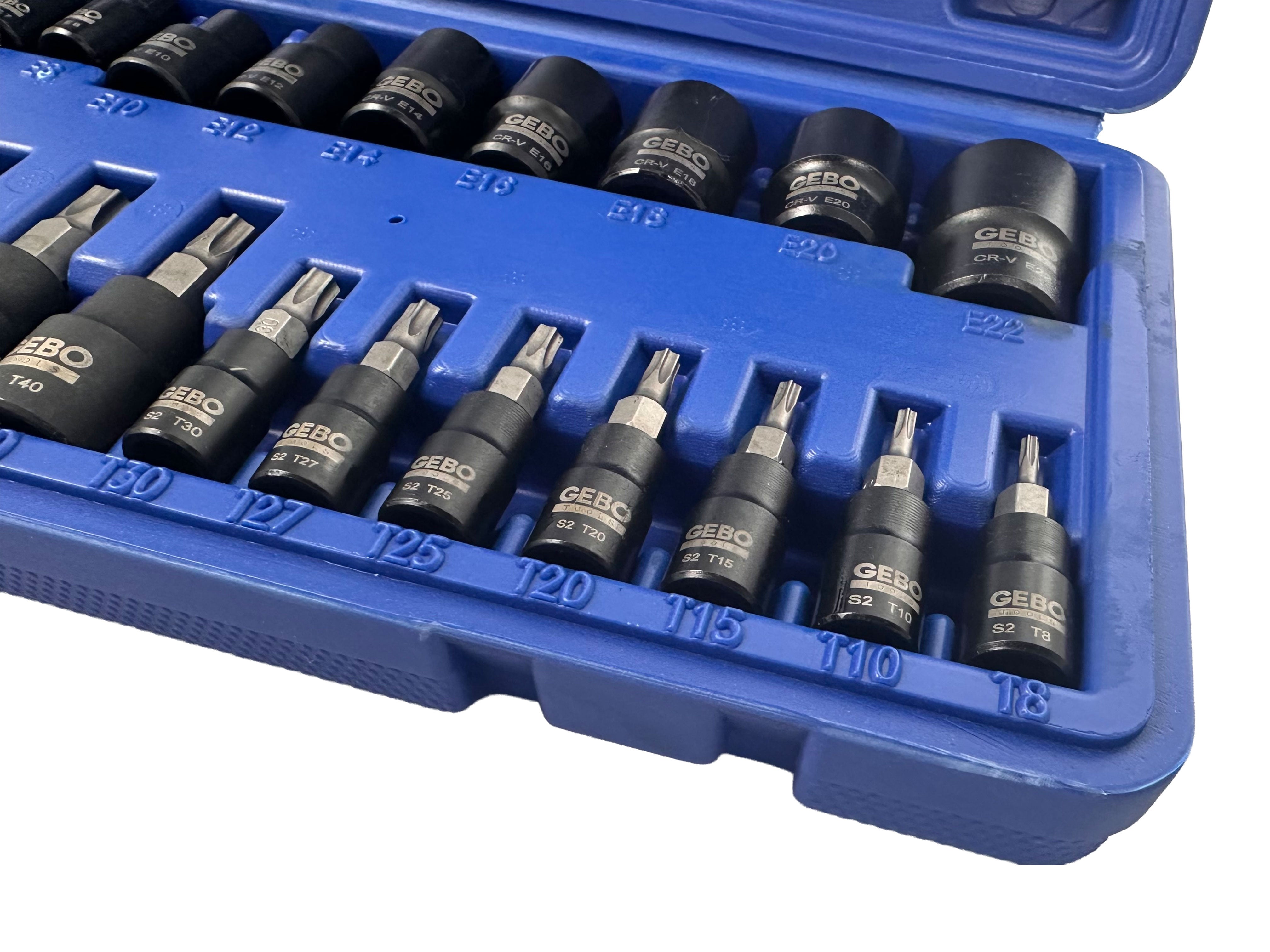 Set di 25 chiavi a bussola Torx E4-E20 T8-T60, inserti per chiave a bussole con punta, cassetta attrezzi, Gebo Tools