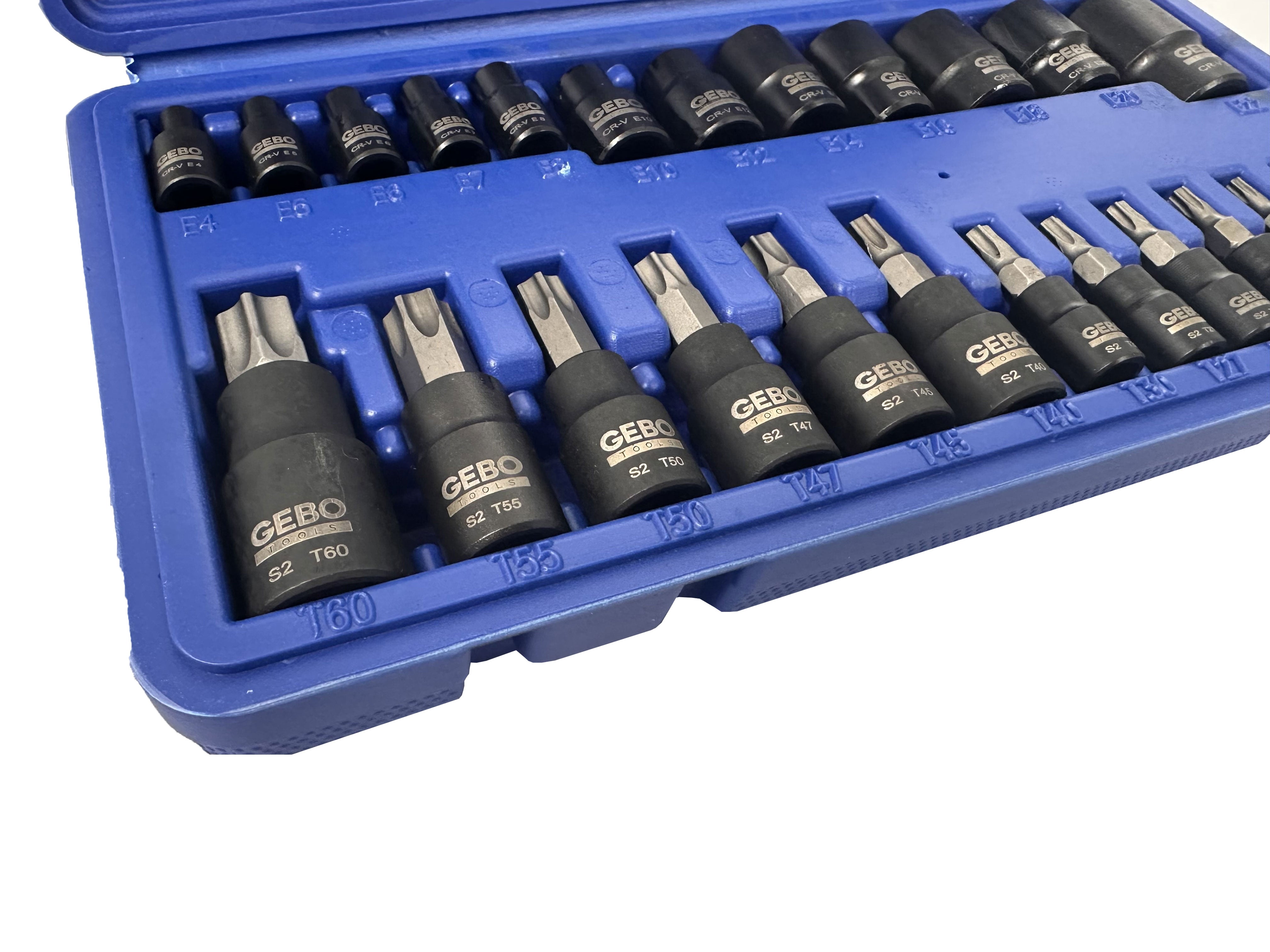Set di 25 chiavi a bussola Torx E4-E20 T8-T60, inserti per chiave a bussole con punta, cassetta attrezzi, Gebo Tools