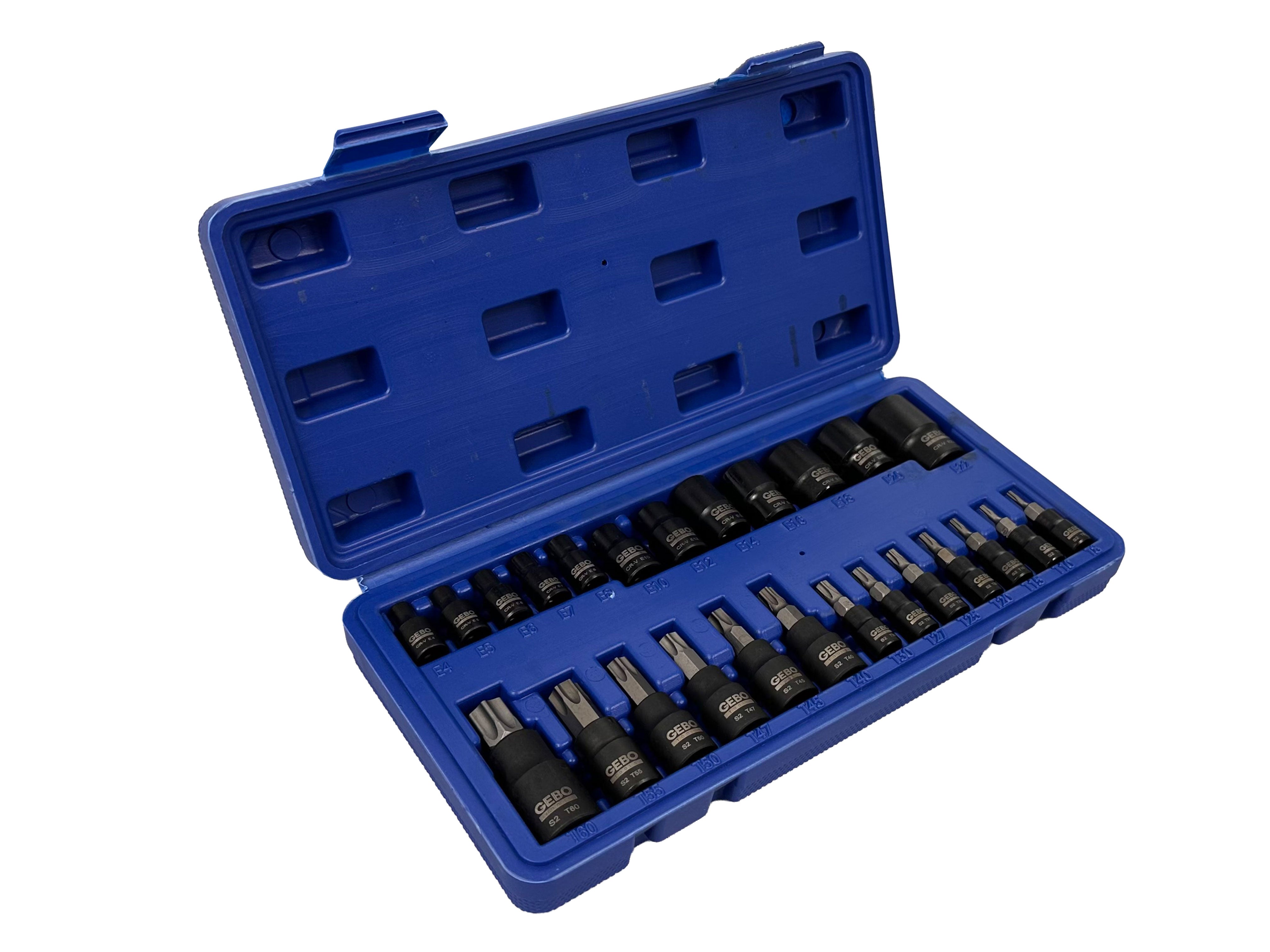 Set di 25 chiavi a bussola Torx E4-E20 T8-T60, inserti per chiave a bussole con punta, cassetta attrezzi, Gebo Tools