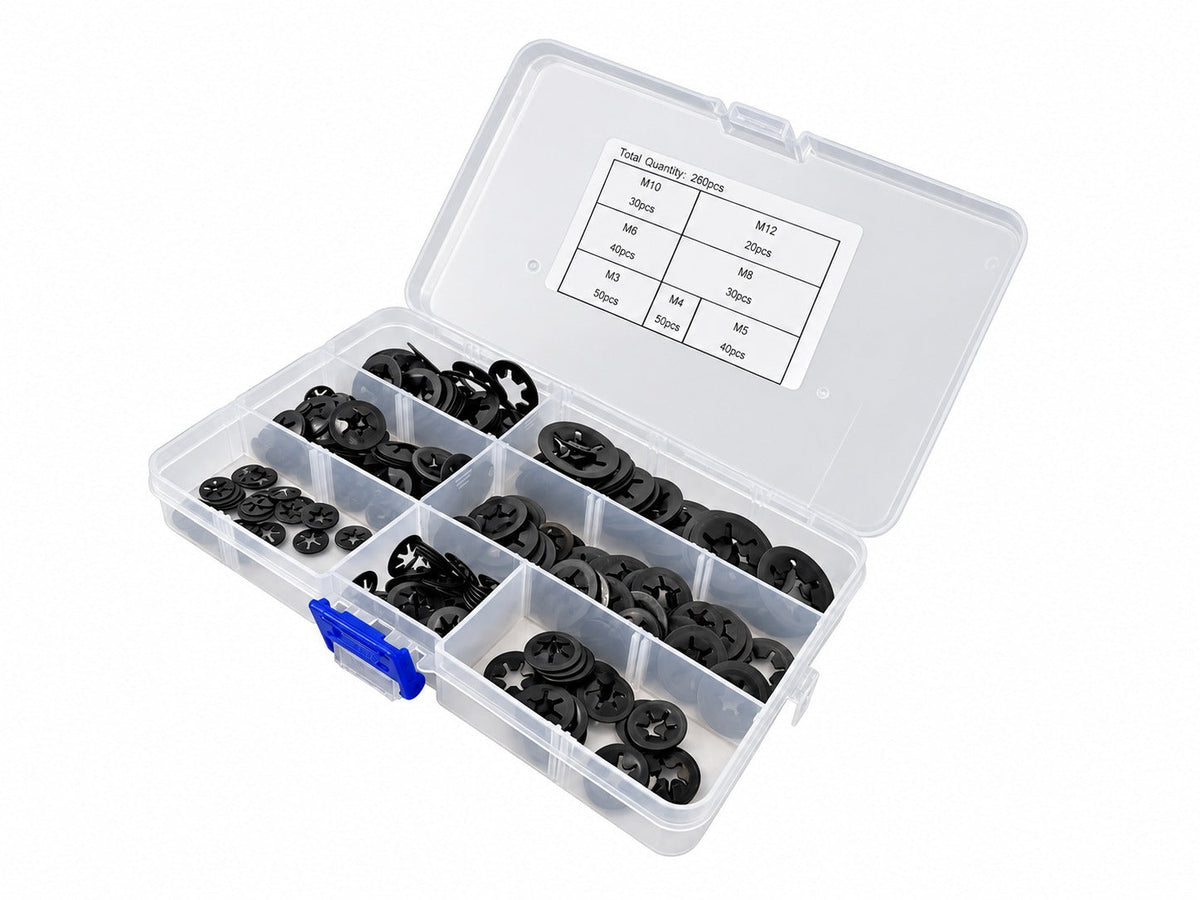 Set-kit assortito rondelle di bloccaggio, serraggio, anelli di sicurezza con fermo rapido, M3-M12 260 pezzi Gebo Tools