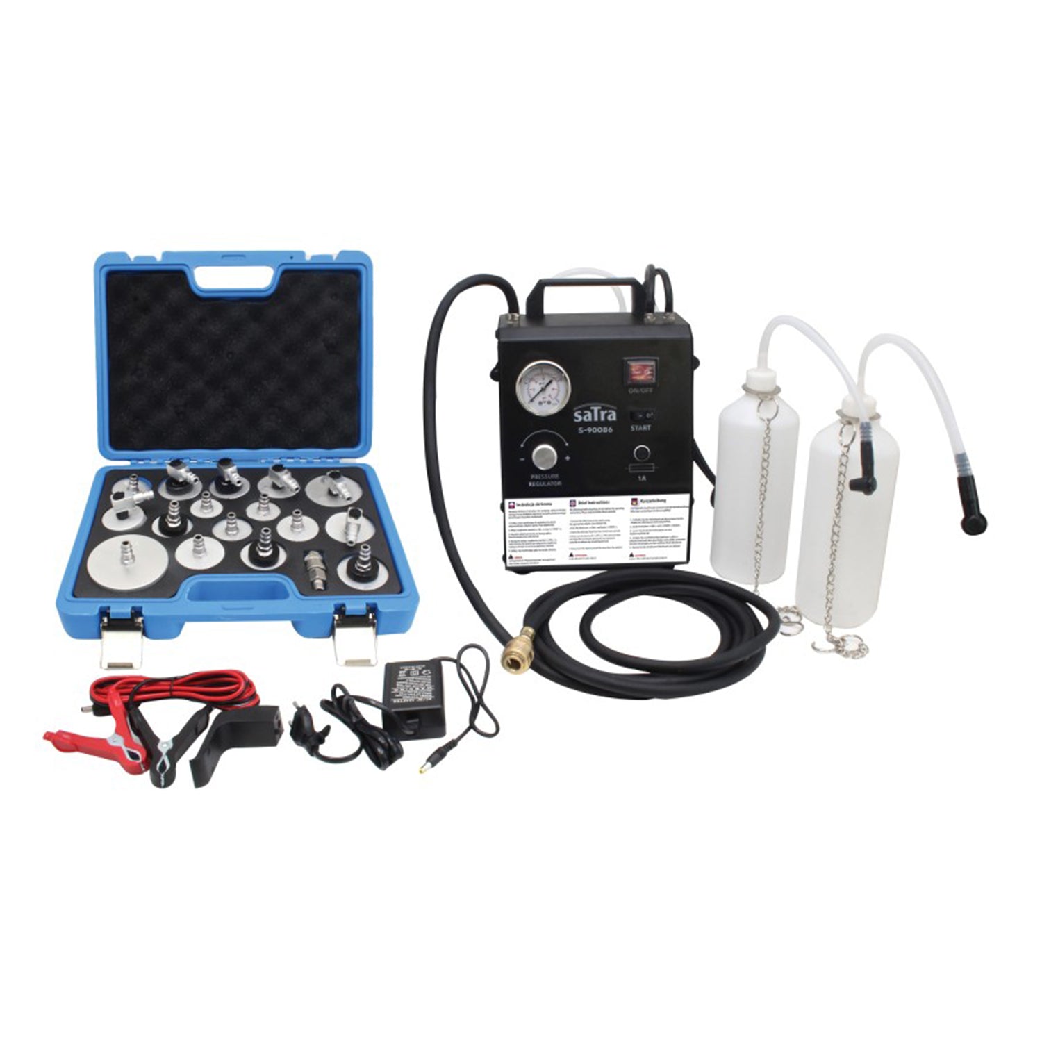 Set spurgo freni auto elettrico 230v, pressione regolabile, kit cambio liquido e frizione con 17 adattatori, automatico del fluido freno con bottiglie di estrazione da 1 litro adatto alla maggior parte dei veicoli, Satra