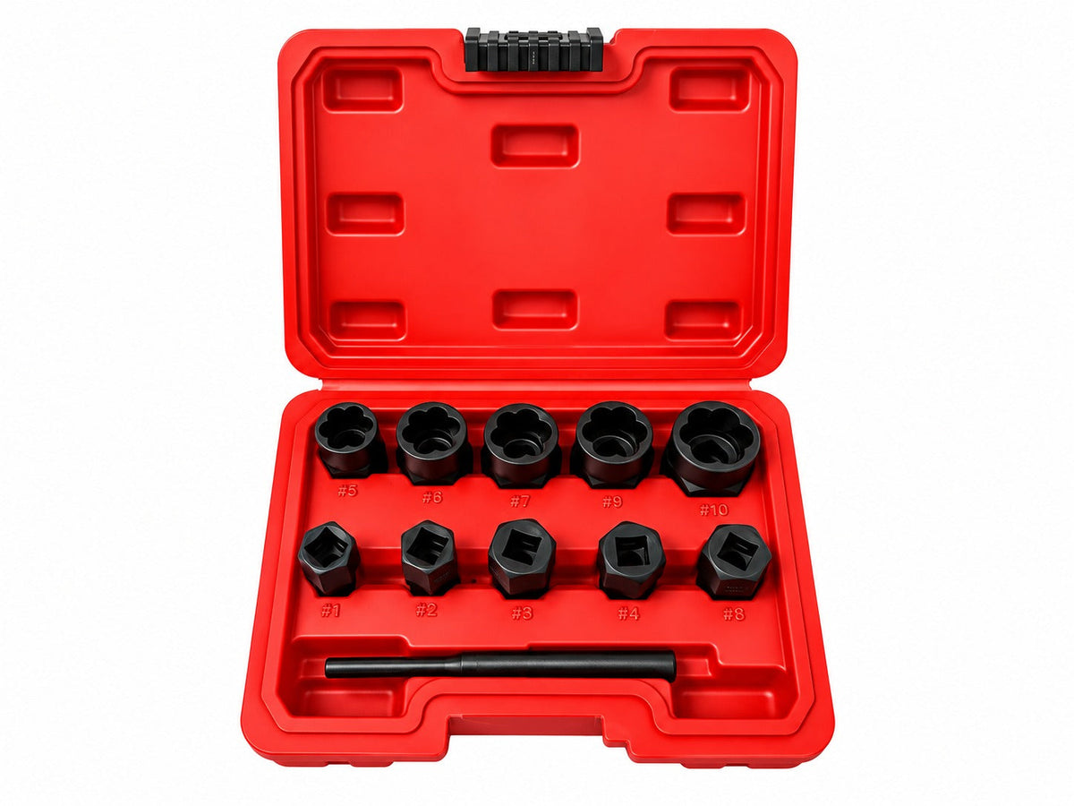 Set bussole per rimozione viti e bulloni danneggiati,9–19 mm, 11 pezzi, Gebo Tools