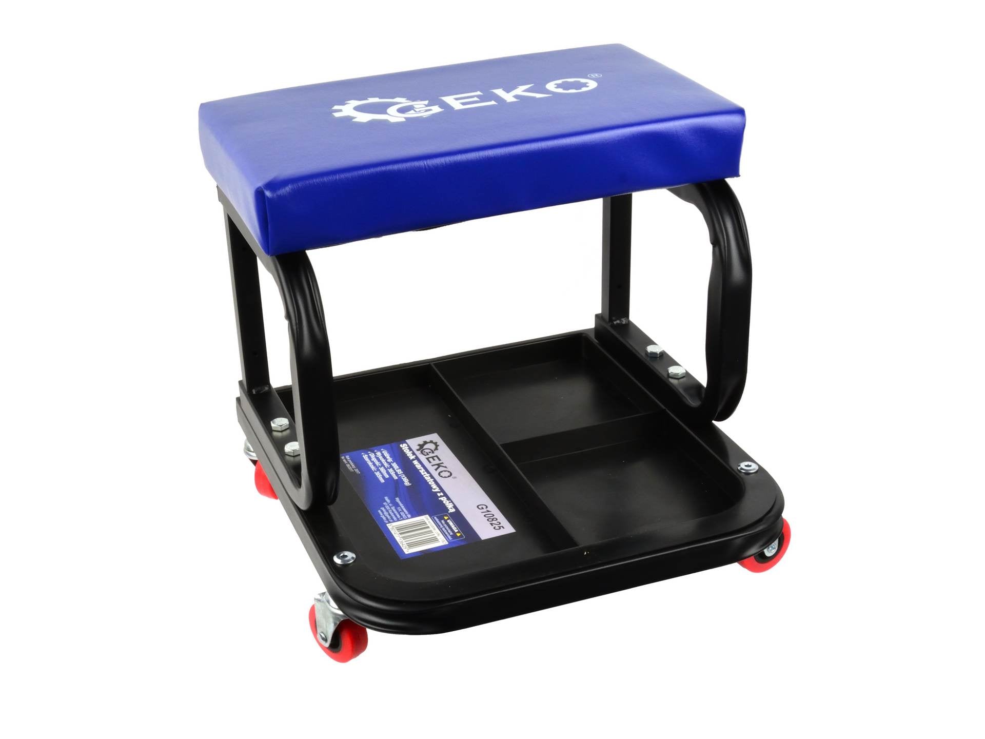 Sgabello per officina con ruote, sgabello di montaggio, carrello meccanico con ripiano porta-attrezzi a 3 scomparti, sgabello da officina su ruote, sgabello meccanico garage, Geko