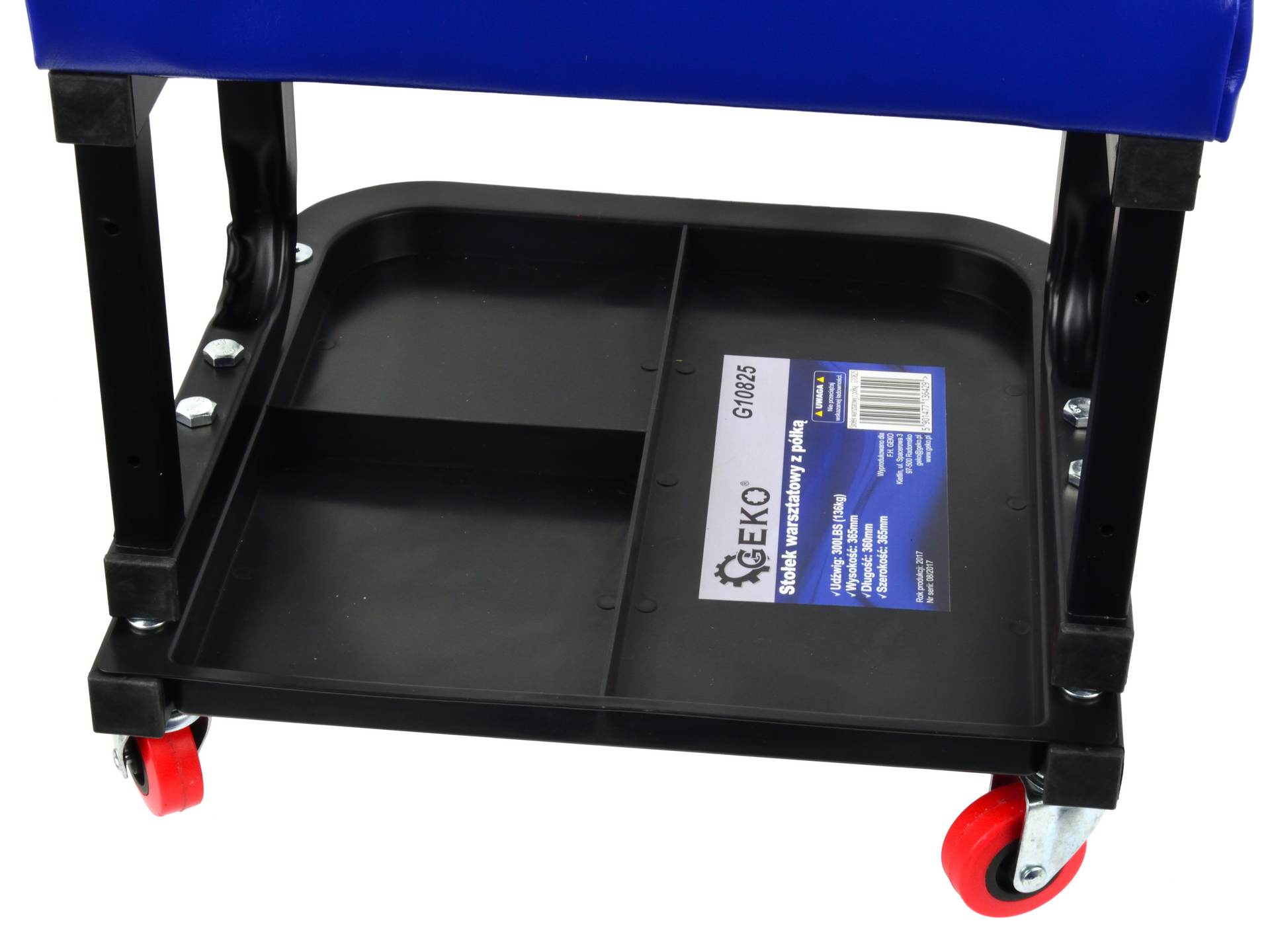 Sgabello per officina con ruote, sgabello di montaggio, carrello meccanico con ripiano porta-attrezzi a 3 scomparti, sgabello da officina su ruote, sgabello meccanico garage, Geko