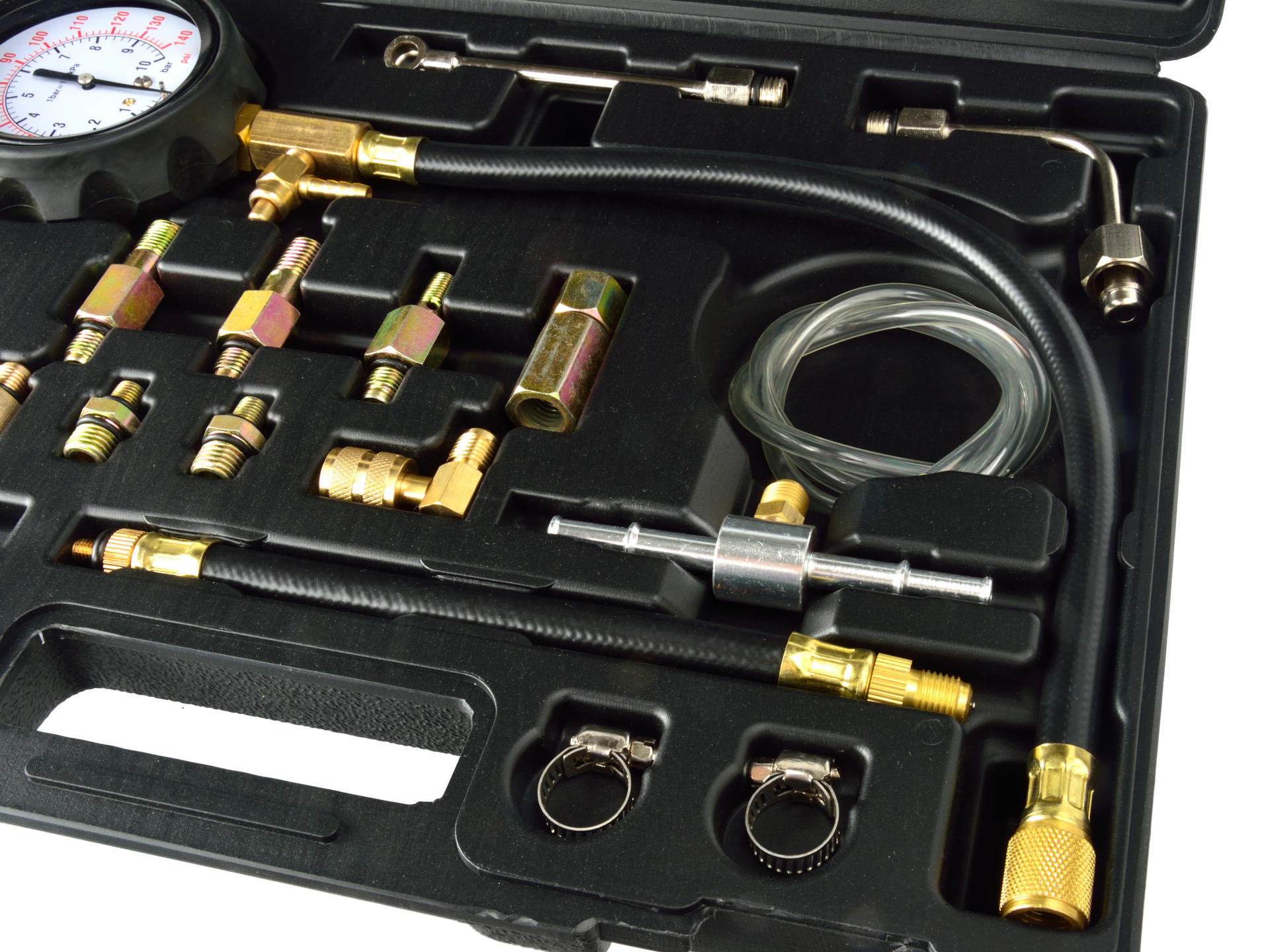 Kit tester pressione, compressione iniezione carburante, manometro diagnostico per carburante, set per testare la pressione della benzina dell’auto, 0-10 bar (0 – 140 PSI), 21 pezzi