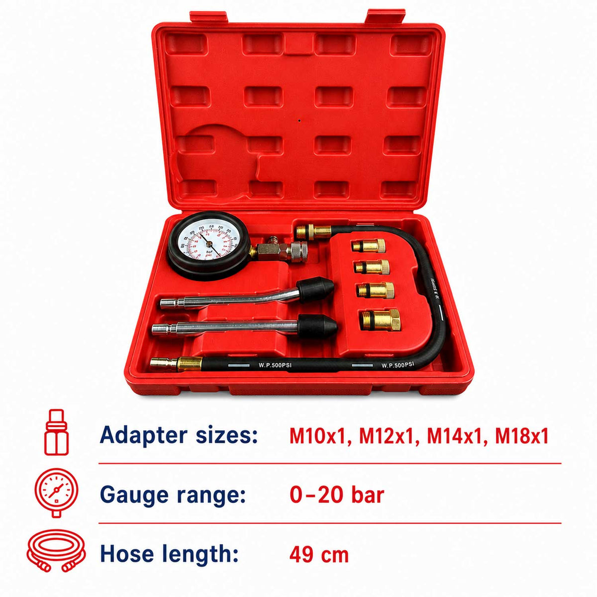 Set-kit tester compressione per motori a benzina, motore per auto e camion, 0-20 bar, 8 pezzi Gebo Tools