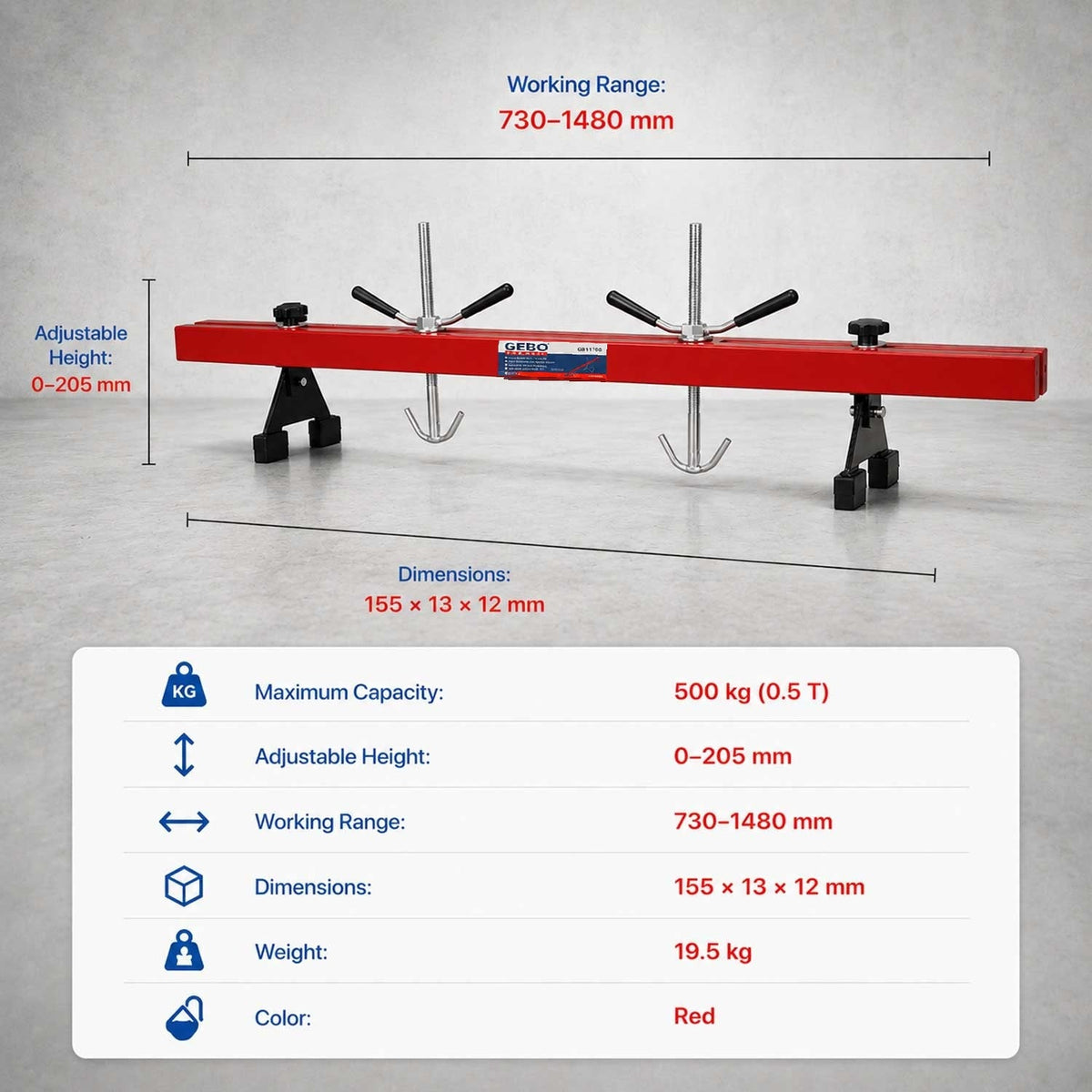 Ponte motore con portata max di 500 kg, traversa per sollevamento per riparazioni di motori, barra supporto manuale, Gebo Tools