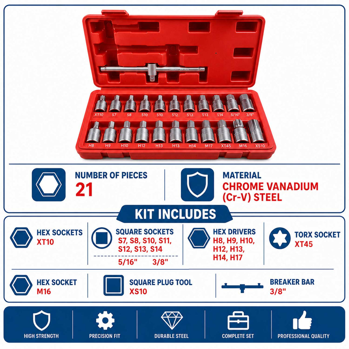 Set-kit chiavi bussole,tappo di scarico noci, attrezzi per auto e autocarri officina 21 pezzi Gebo Tools