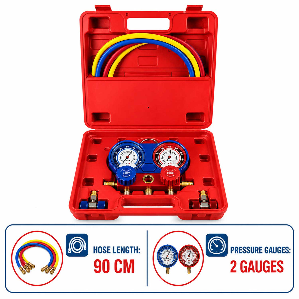 Set-kit pompa vuoto per condizionatori con manometri, ricarica aria condizionata per refrigeranti, manometro per diagnosi gas Gebo Tools