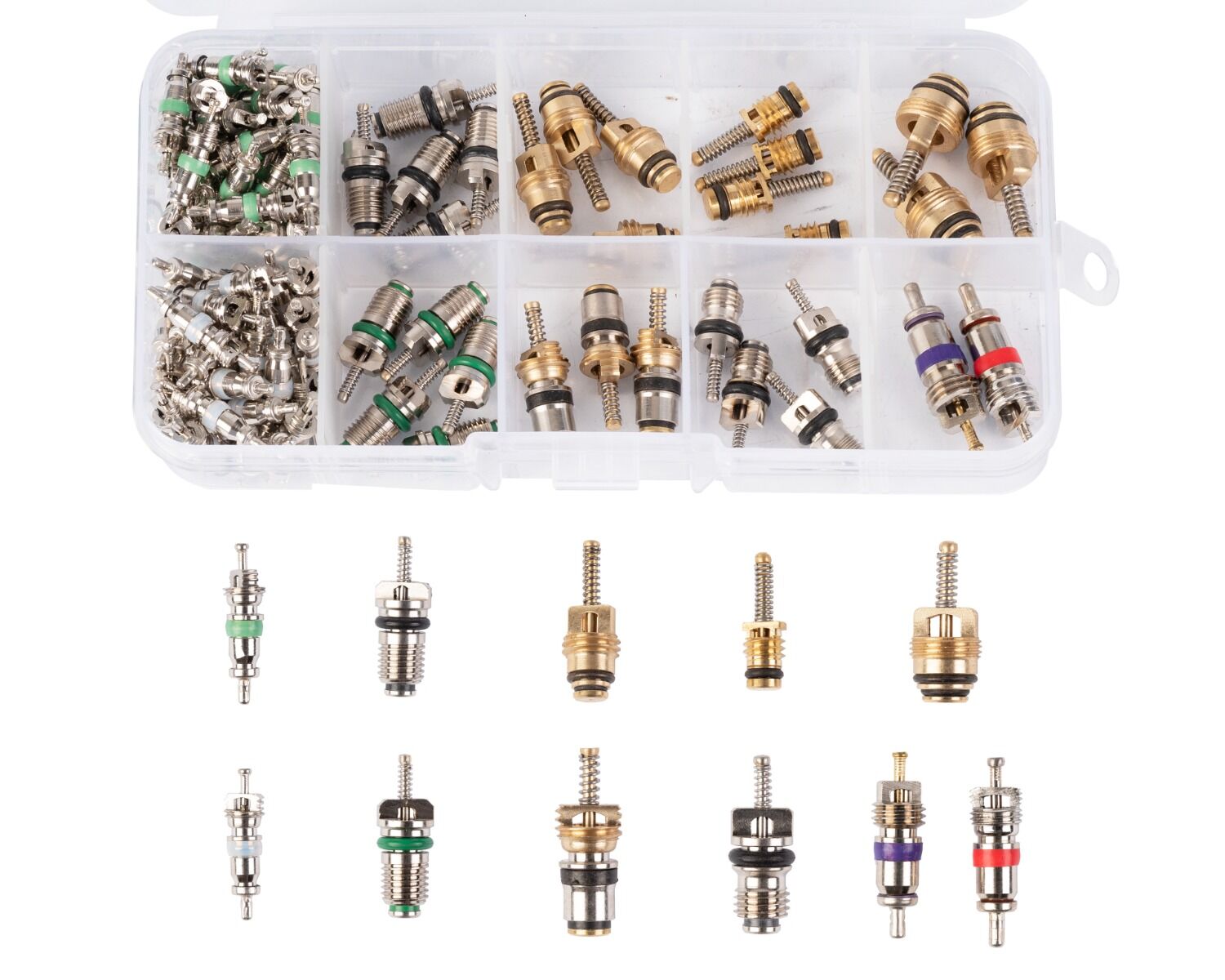 Kit di valvole per aria condizionata, inclusi i nuclei delle valvole per sistemi di refrigerazione per aria condizionata, 100 pezzi, kit utensili per valvole di scarico per valvole di refrigerazione, per auto