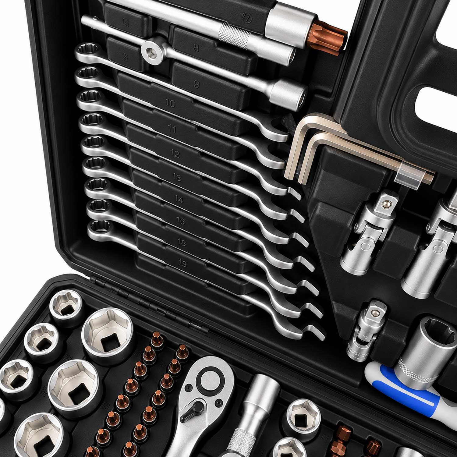 Valigetta utensili professionale, set di chiavi a bussola, inserti Torx cricchetti, chiavi combinate, chiavi a brugola, prolunghe, kit attrezzi per auto, officina fai-da-te con attacchi 1/4" 1/2'' 3/8'', 216 pezzi Gebo Tools