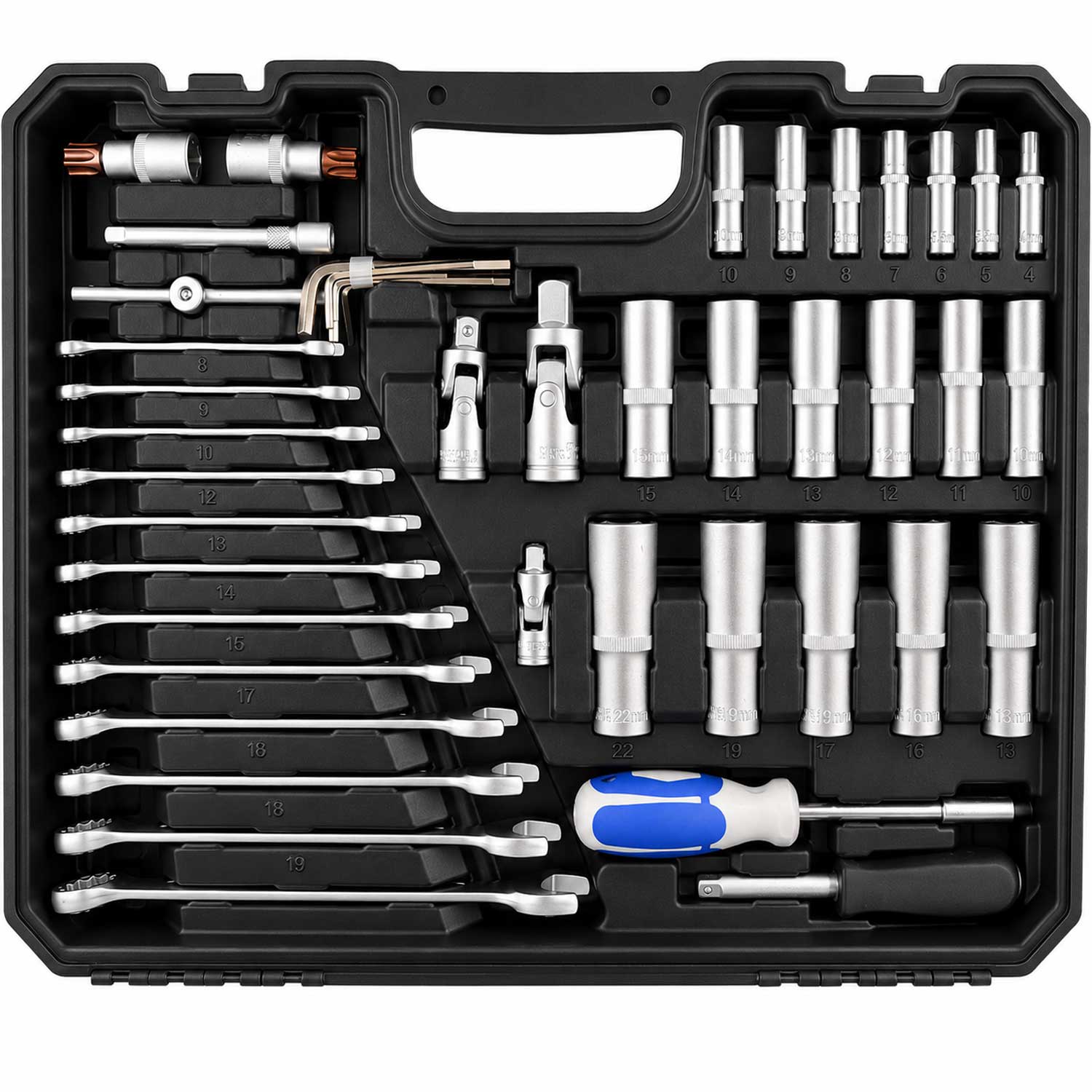 Valigetta utensili professionale, set di chiavi a bussola, inserti Torx cricchetti, chiavi combinate, chiavi a brugola, prolunghe, kit attrezzi per auto, officina fai-da-te con attacchi 1/4" 1/2'' 3/8'', 216 pezzi Gebo Tools