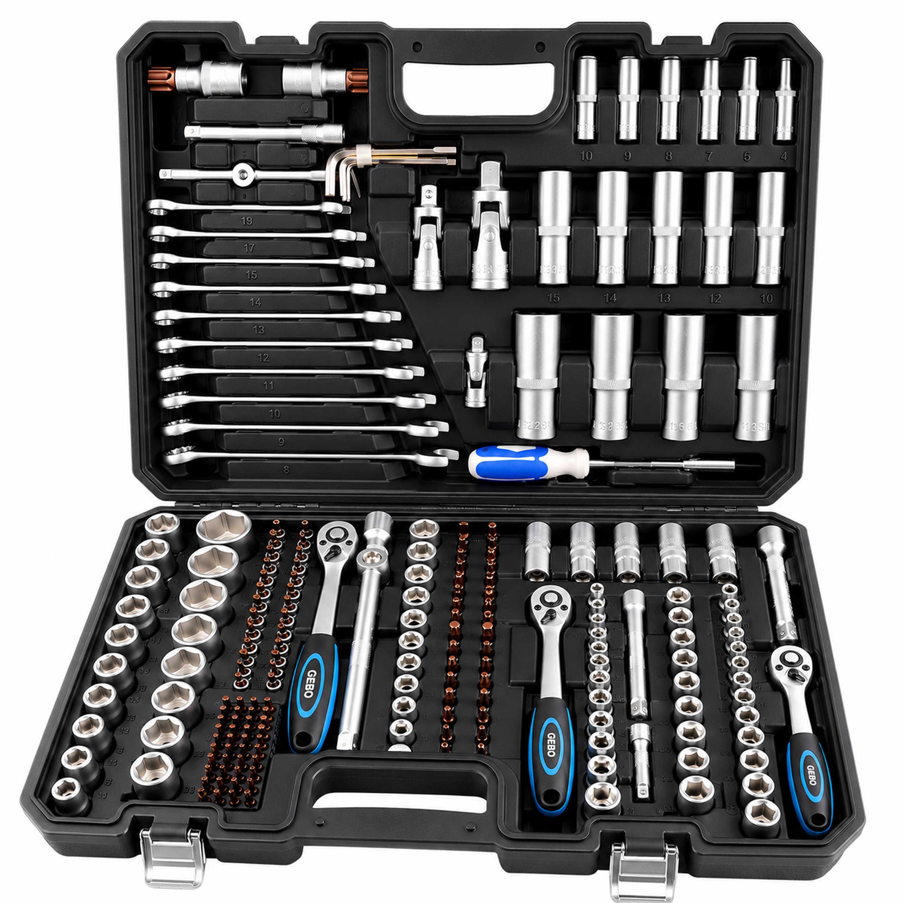 Valigetta utensili professionale, set di chiavi a bussola, inserti Torx cricchetti, chiavi combinate, chiavi a brugola, prolunghe, kit attrezzi per auto, officina fai-da-te con attacchi 1/4" 1/2'' 3/8'', 216 pezzi Gebo Tools