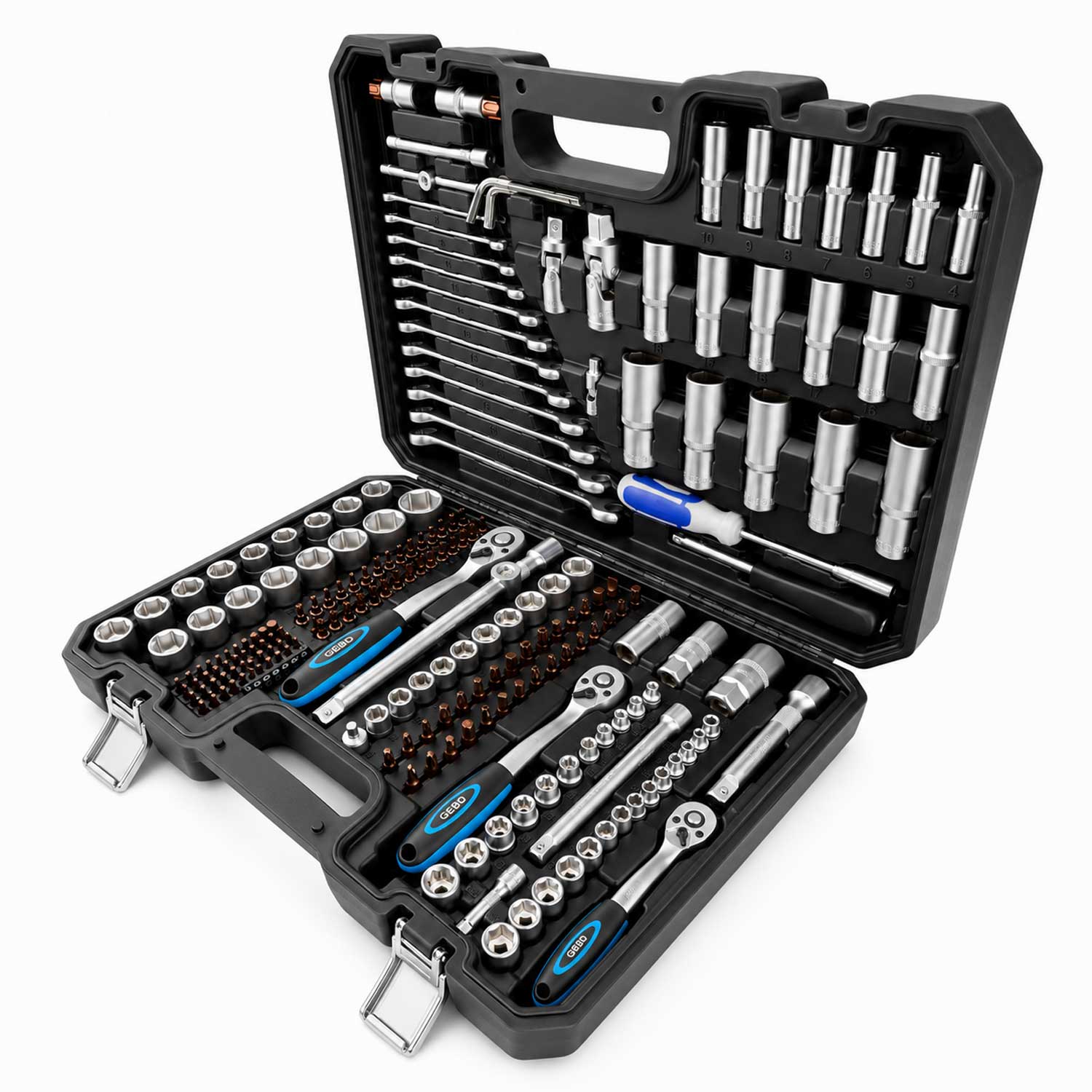 Valigetta utensili professionale, set di chiavi a bussola, inserti Torx cricchetti, chiavi combinate, chiavi a brugola, prolunghe, kit attrezzi per auto, officina fai-da-te con attacchi 1/4" 1/2'' 3/8'', 216 pezzi Gebo Tools