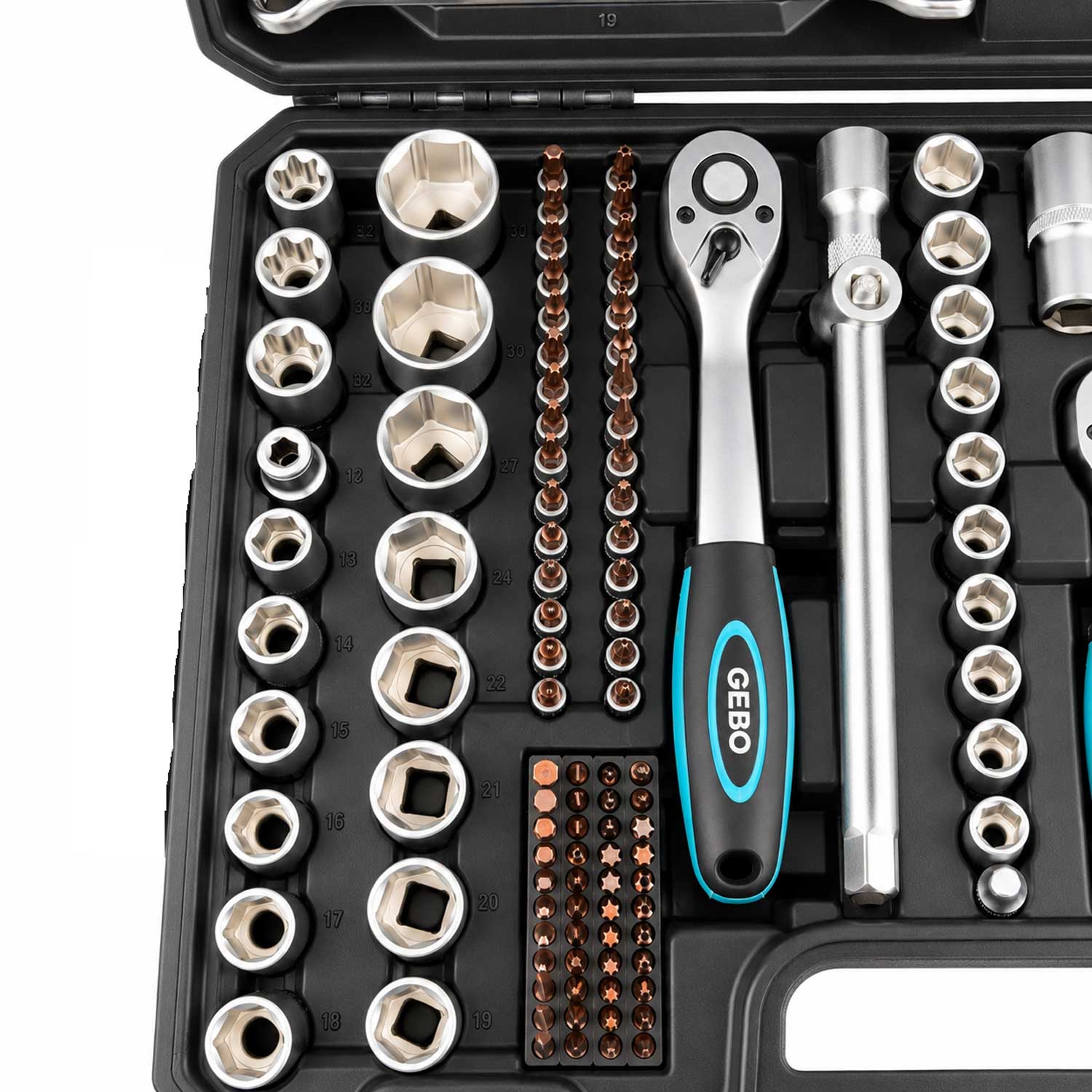 Valigetta utensili professionale, set di chiavi a bussola, inserti Torx cricchetti, chiavi combinate, chiavi a brugola, prolunghe, kit attrezzi per auto, officina fai-da-te con attacchi 1/4" 1/2'' 3/8'', 216 pezzi Gebo Tools