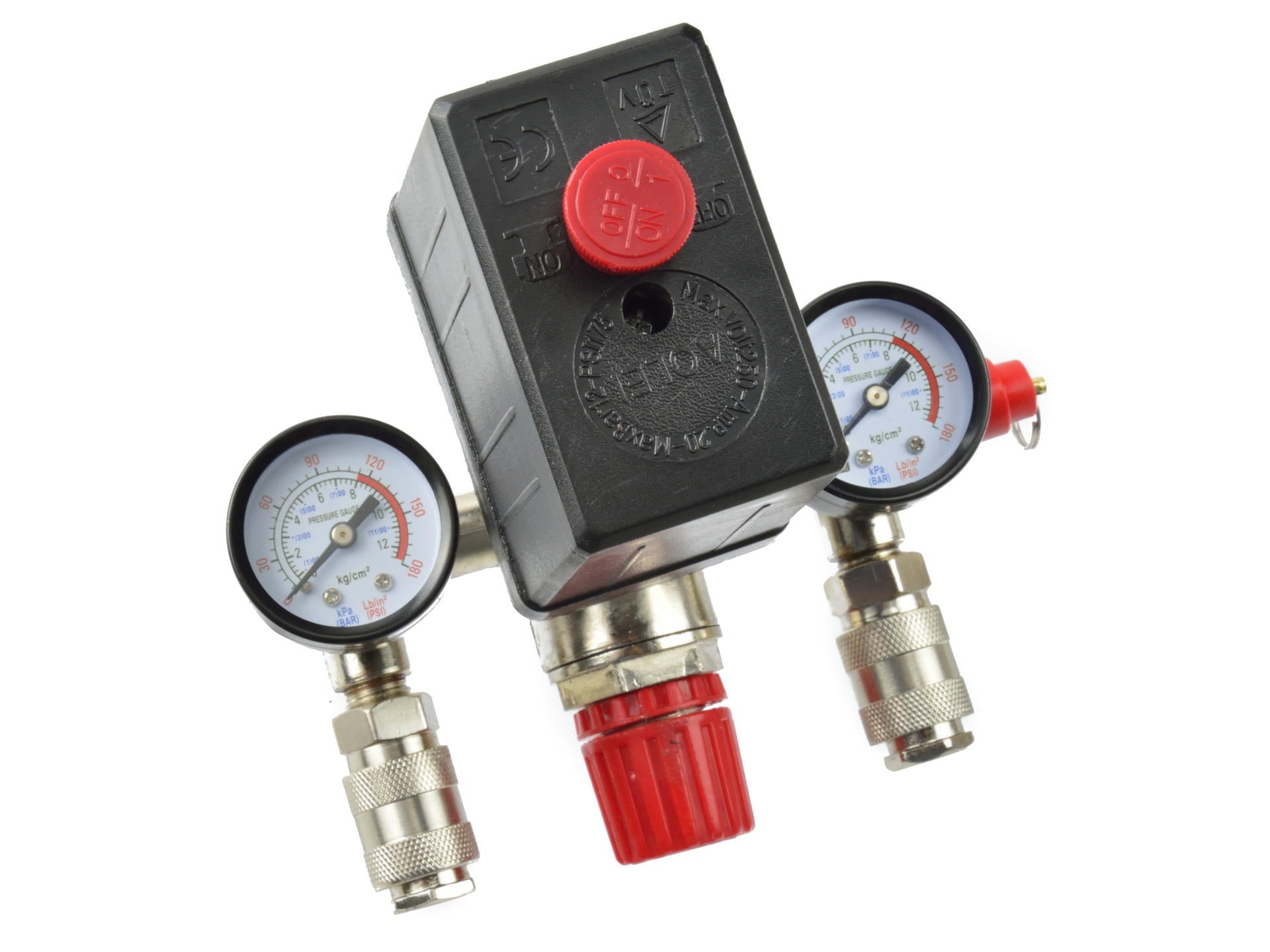 Regolatore di pressione con pressostato per compressore e 2 display manometri, pressostato compressore d'aria, Geko