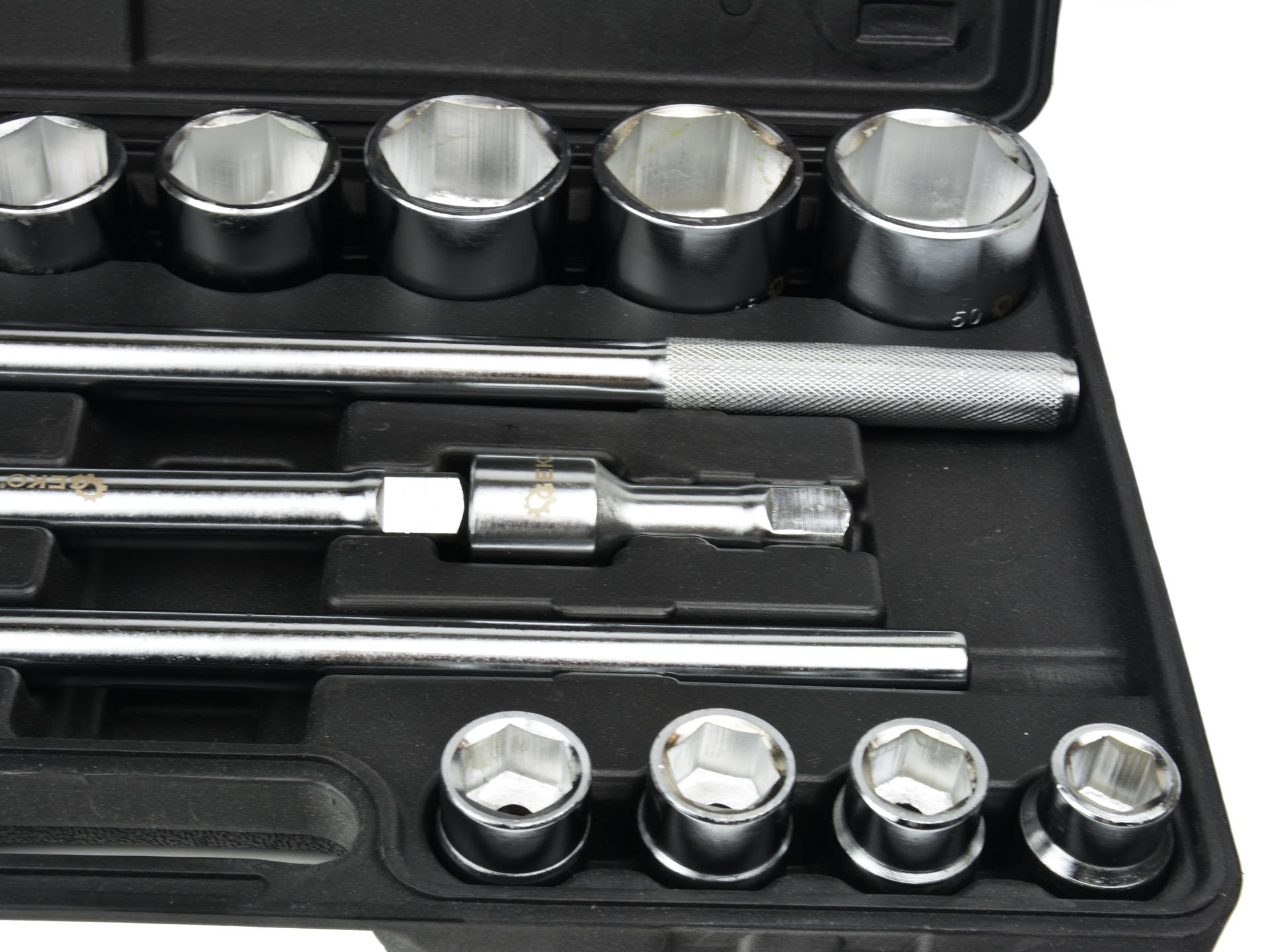 Set di bussole con cricchetto reversibile, esagonali, estensibile, 19–50 mm (3/4"), 21 pz., con prolunghe, Geko